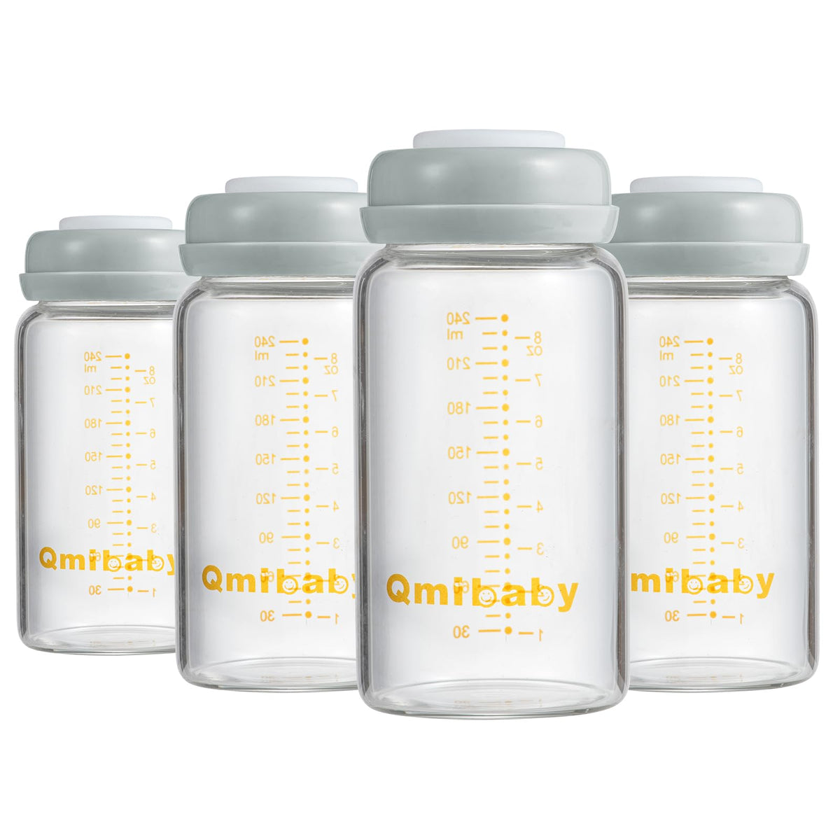 Qmibaby glass 240ml storage bottle with measurement marks for accurate portioning.