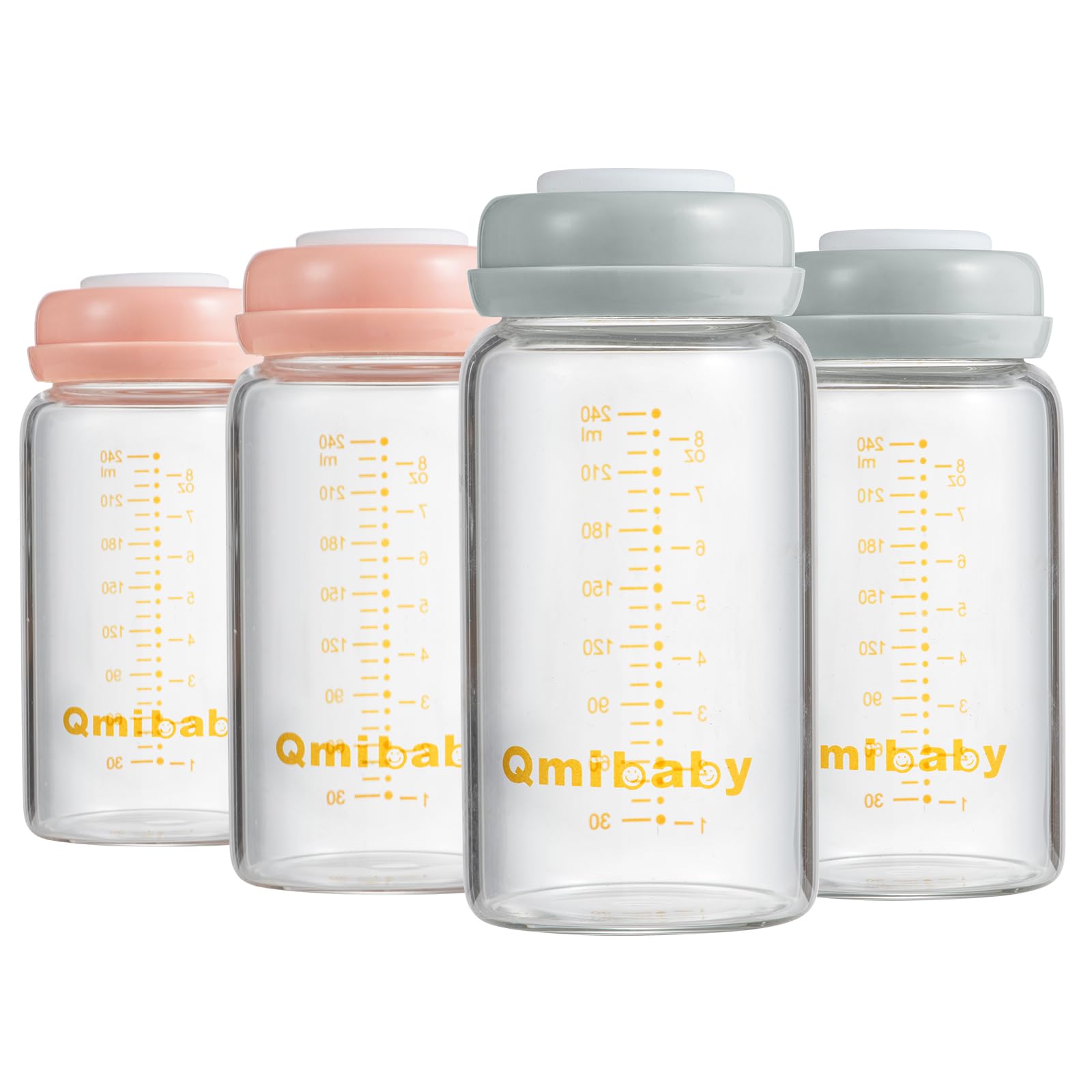 Qmibaby 240ml glass breastmilk bottle close-up, BPA-free for safe refrigeration.