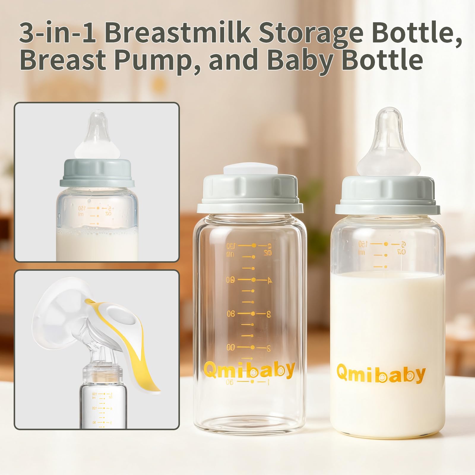 Qmibaby glass bottle close-up of grey leak-proof lid.