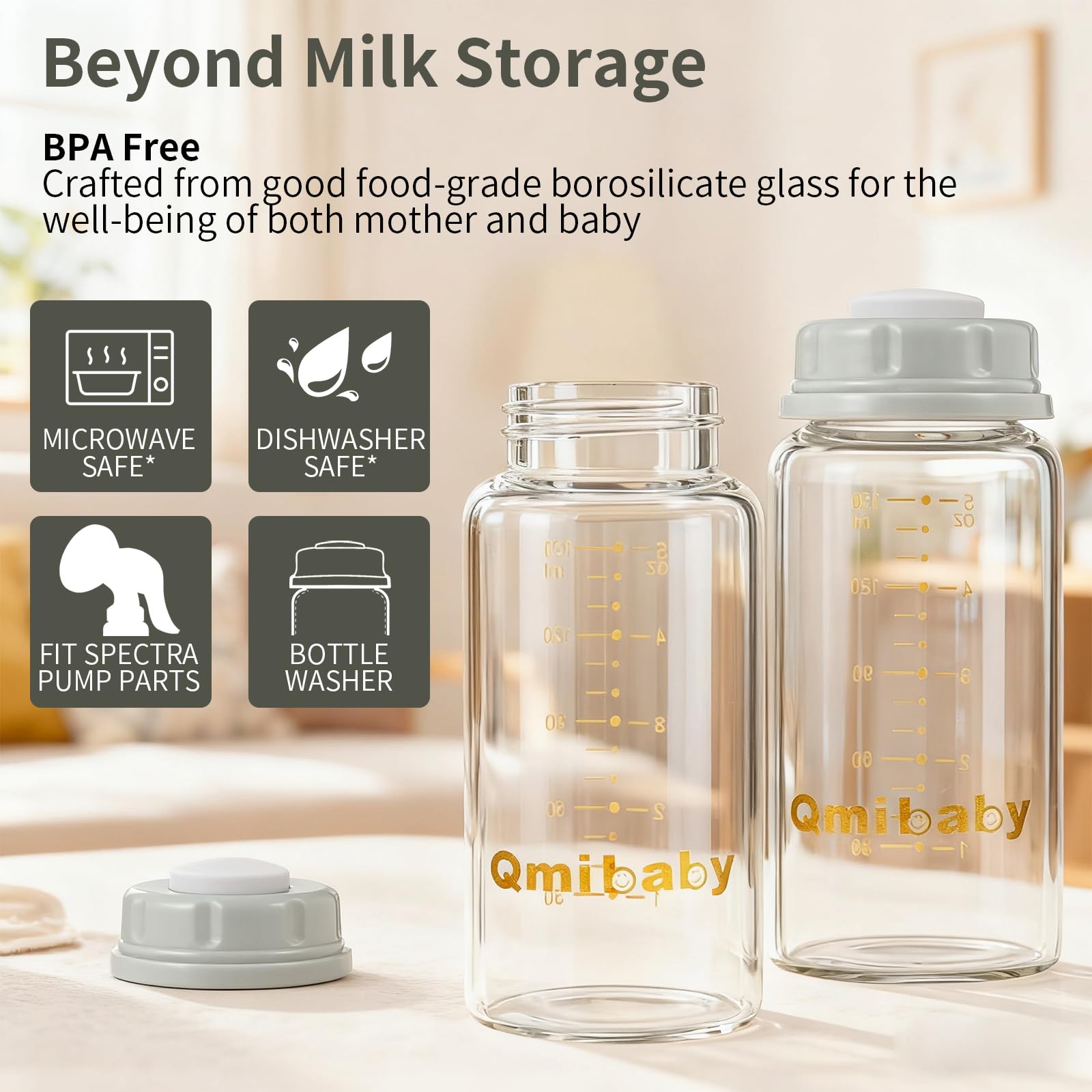 Qmibaby bottle shows measurement markings for precise milk tracking.