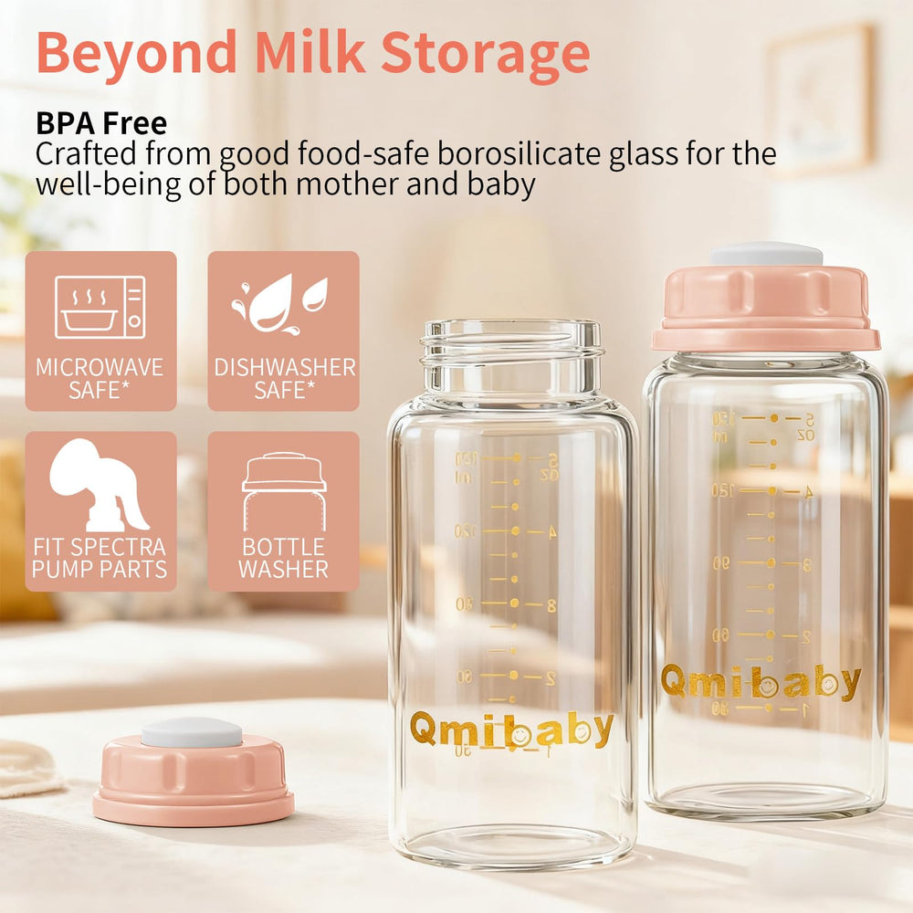 Qmibaby glass bottle with writable lid for easy dating and labeling