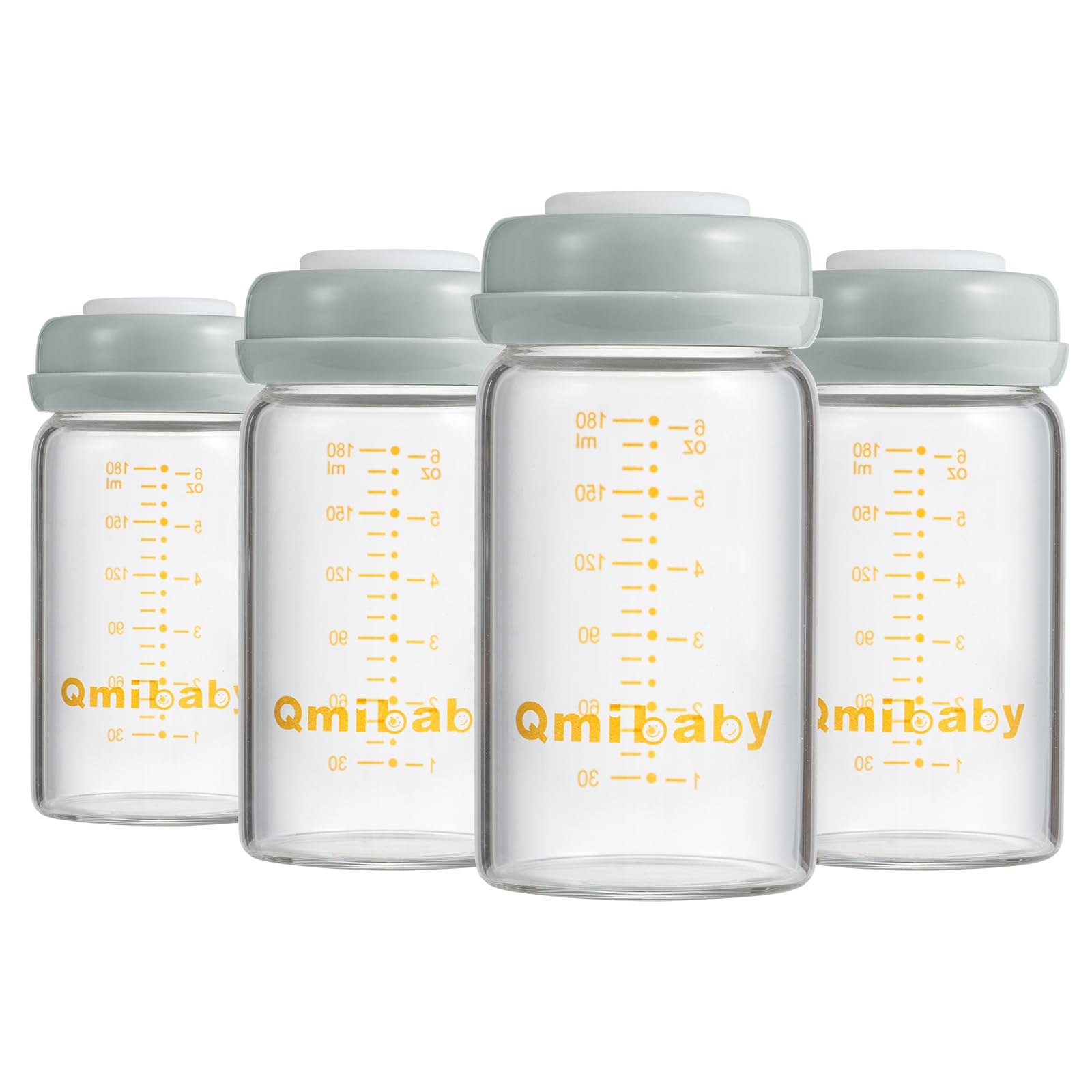 Qmibaby glass breastmilk bottles 180ml four-pack—clear, shatter-resistant borosilicate glass