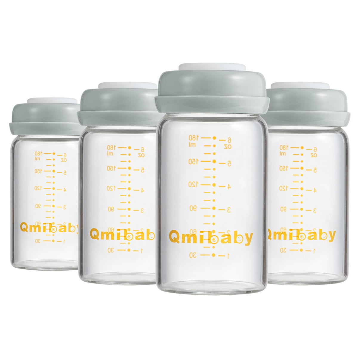 Qmibaby glass breastmilk bottles 180ml four-pack—clear, shatter-resistant borosilicate glass