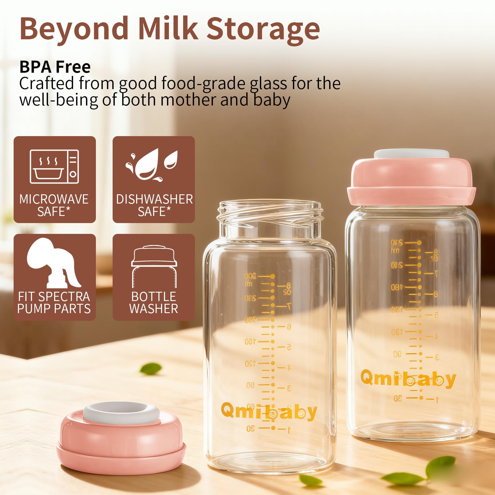 Qmibaby leakproof silicone ring and lid shown for spill-free travel.