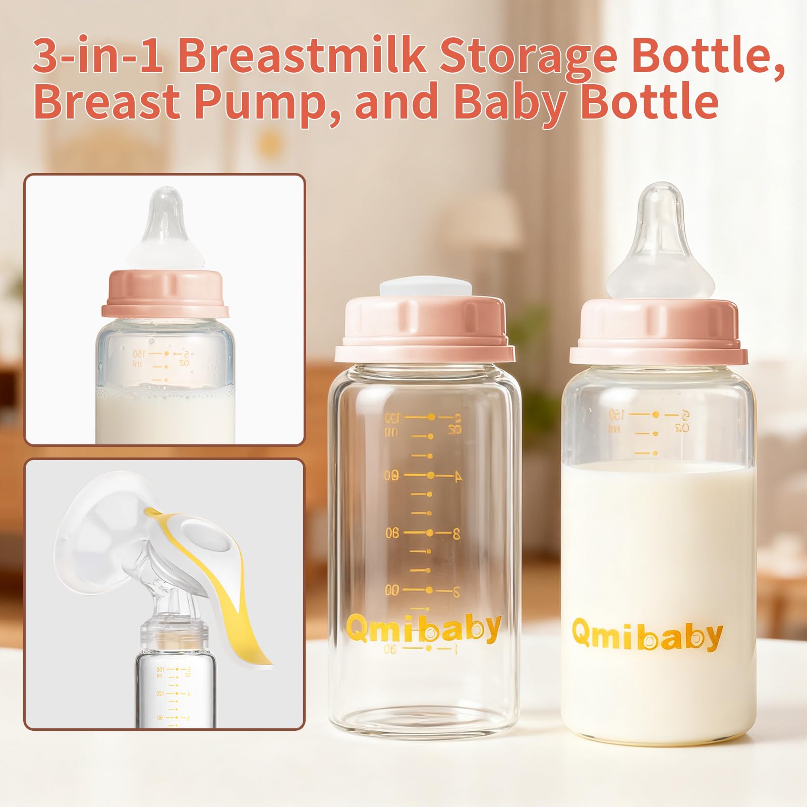 Qmibaby natural glass bottle 150ml ml measurements visible for precise tracking