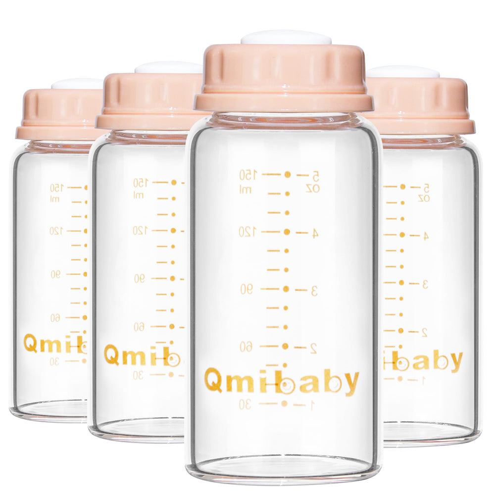 Qmibaby natural glass baby bottle 150ml pink lid front view for everyday breastmilk storage