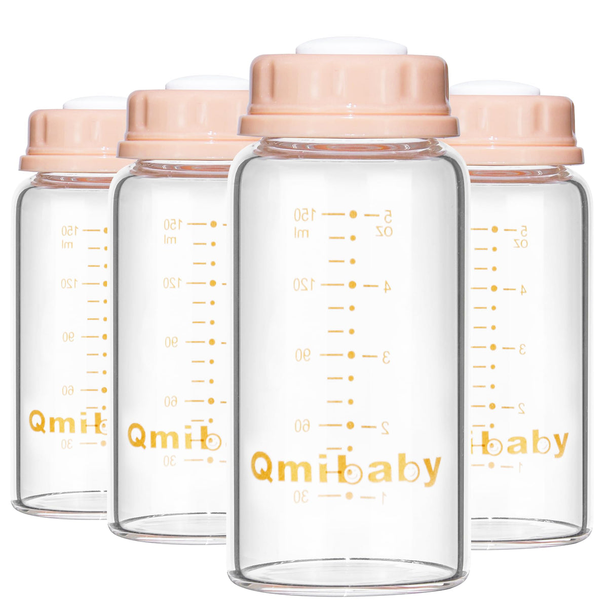 Qmibaby natural glass baby bottle 150ml pink lid front view for everyday breastmilk storage