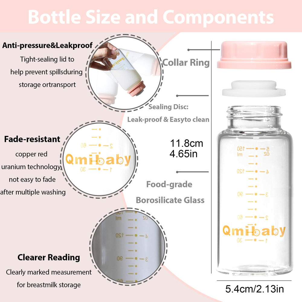 Qmibaby natural glass baby bottle 150ml pink lid side view ideal for milk transport