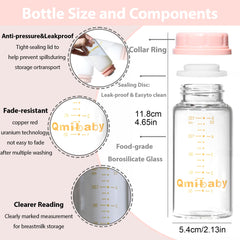 Qmibaby natural glass baby bottle 150ml pink lid side view ideal for milk transport