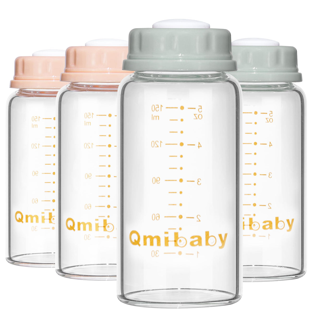 Qmibaby natural glass bottle front view with 150ml capacity for quick prep.