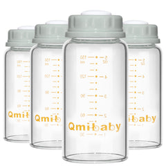 Qmibaby natural glass bottle 150ml front view with shatter-resistant design for safe milk storage.