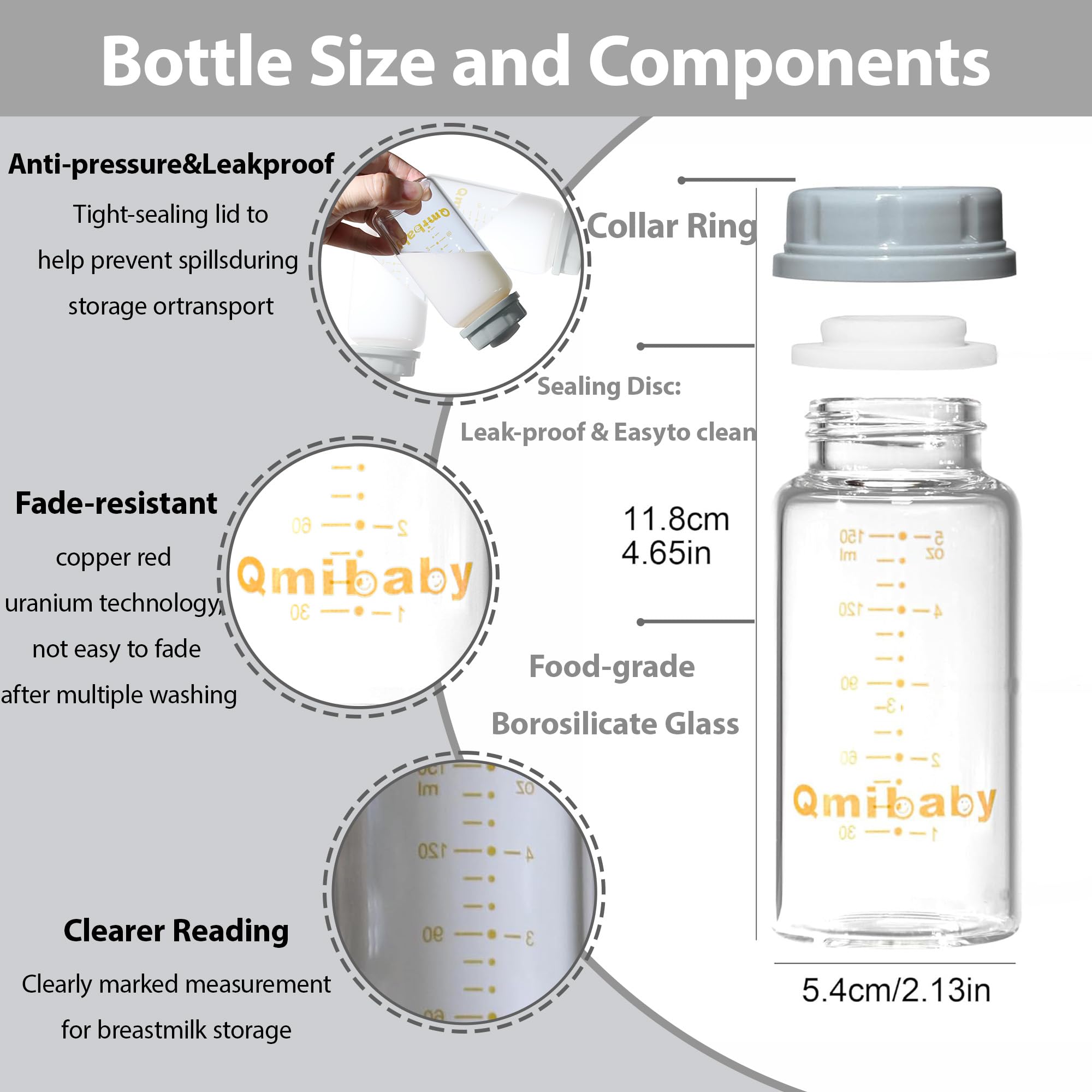 Qmibaby natural glass bottle side view shows clear borosilicate glass and slim profile.