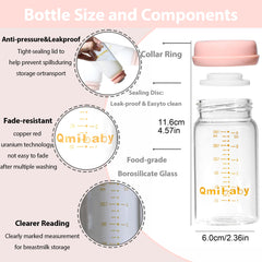 Qmibaby wide-neck bottle assembly pink supports pump compatibility for easy direct storage