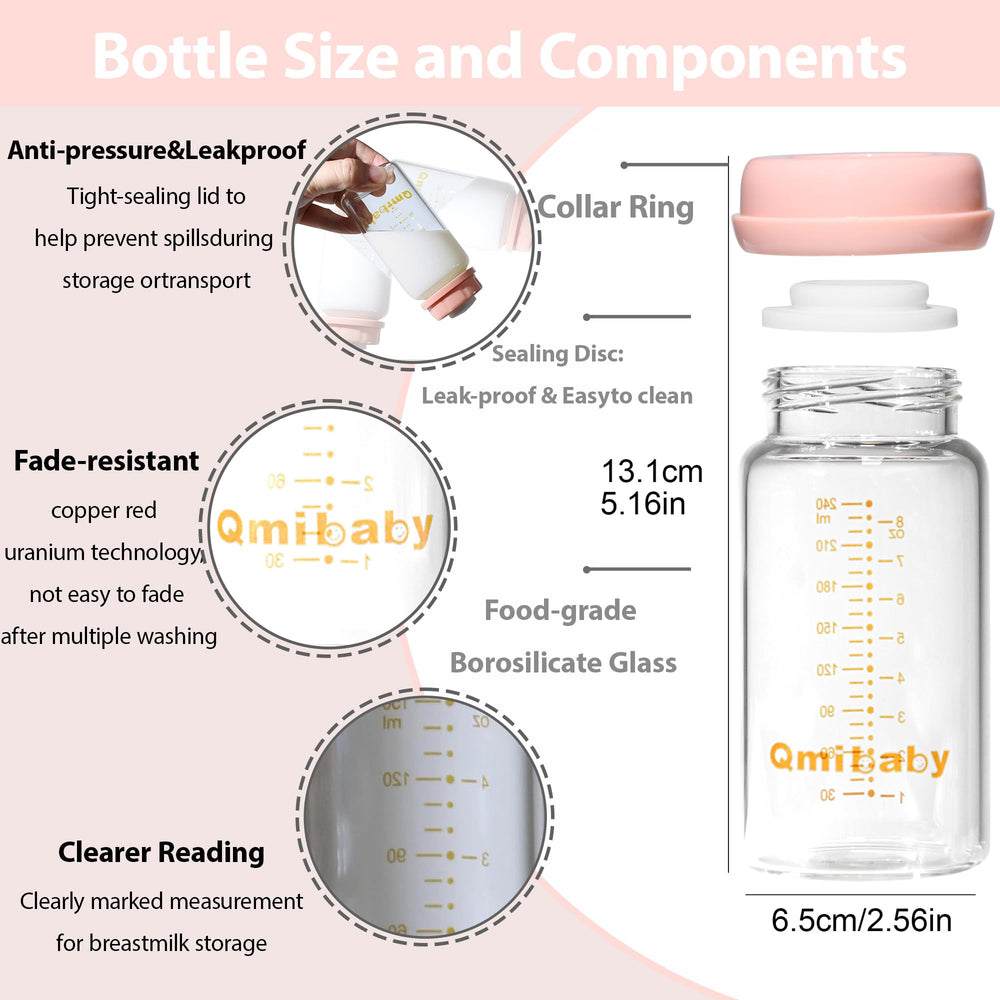 Qmibaby wide-neck bottle with pump compatibility for direct pumping.