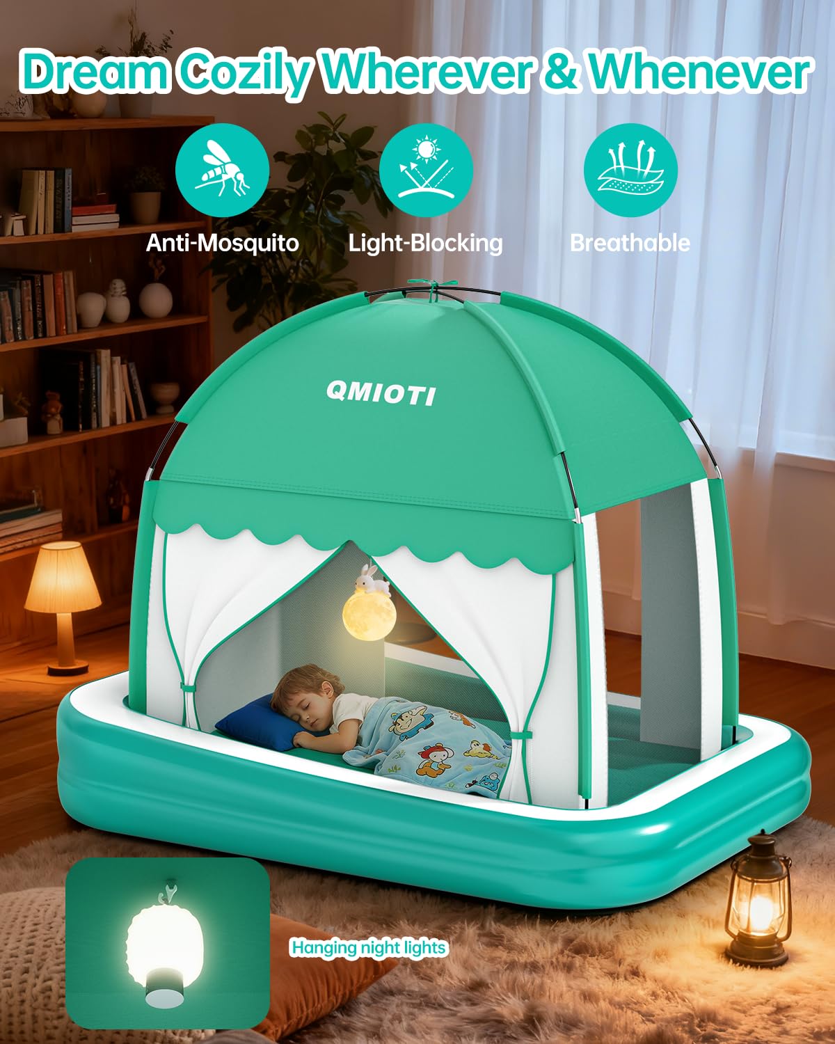Qmioti travel bed shows the included electric pump for easy inflation