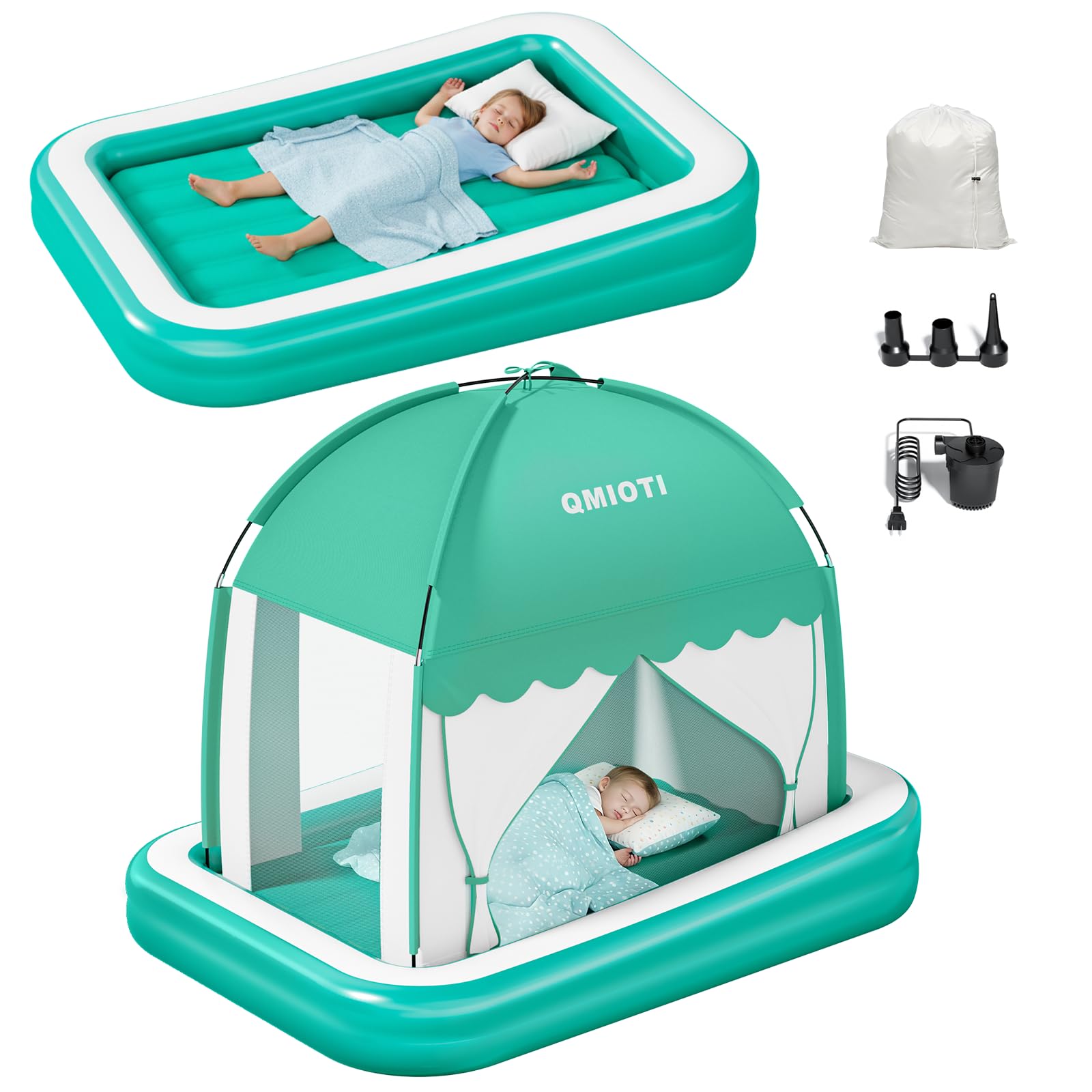Qmioti toddler travel bed with tent assembled for a cozy indoor nap