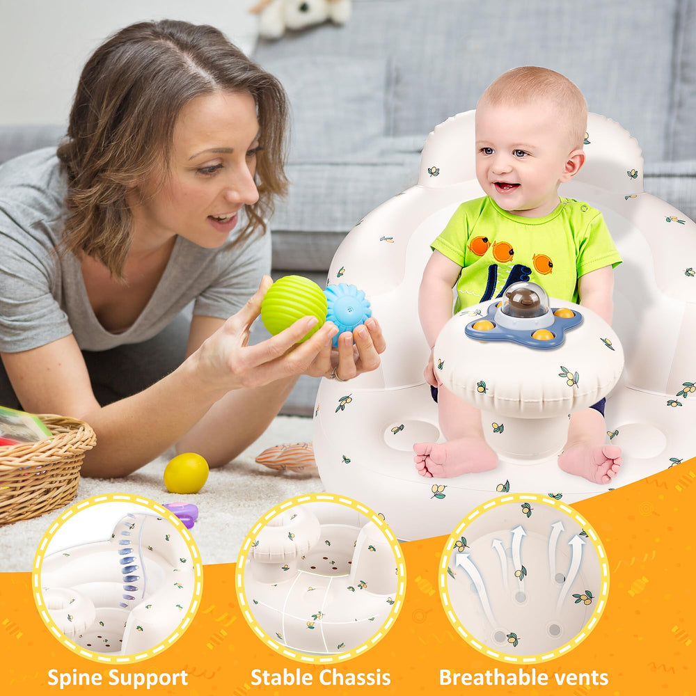 QMVESS seat-tray setup with toys close-up shows multi-purpose use.