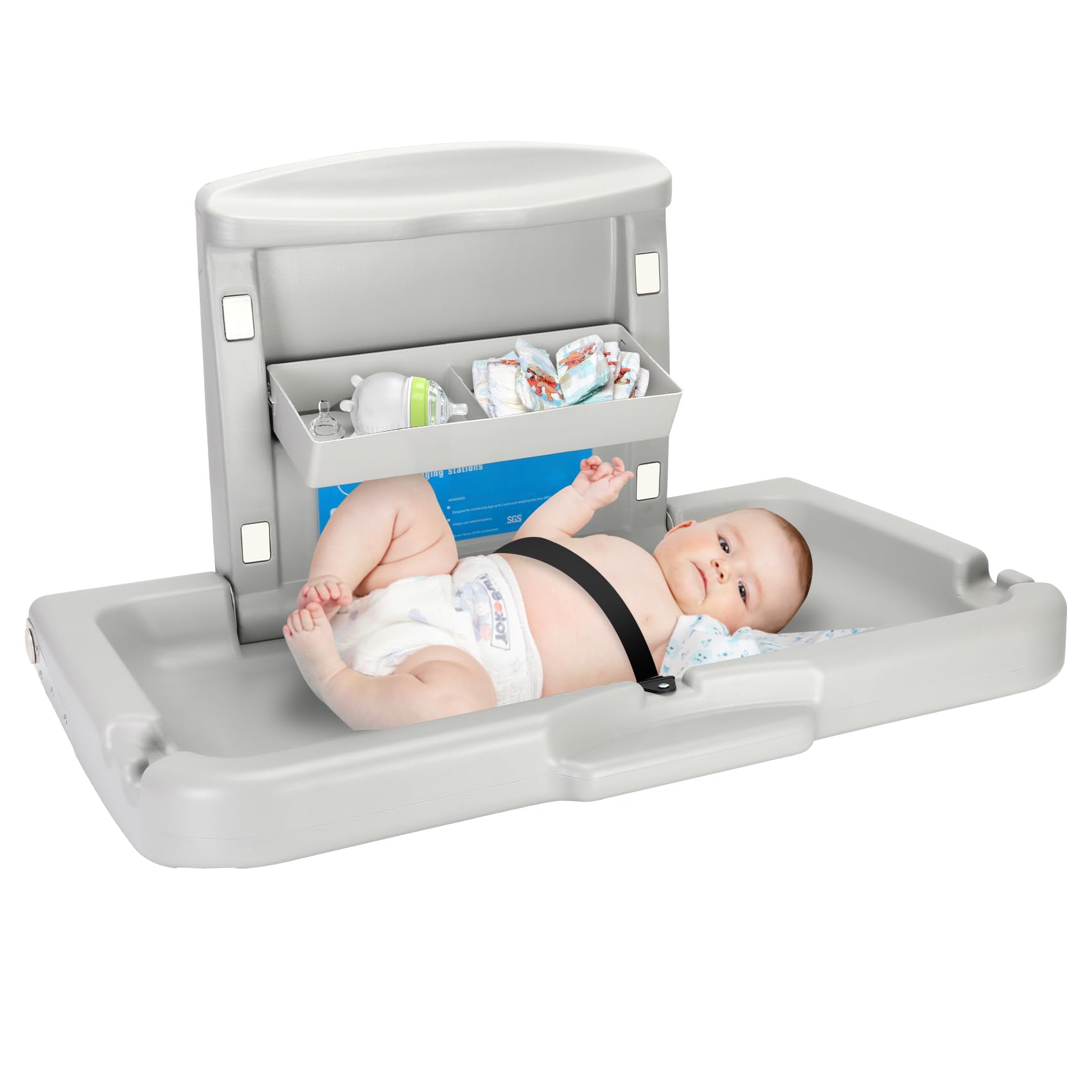 Qnemaei wall-mounted baby changing station front view highlights space-saving design and easy cleaning.