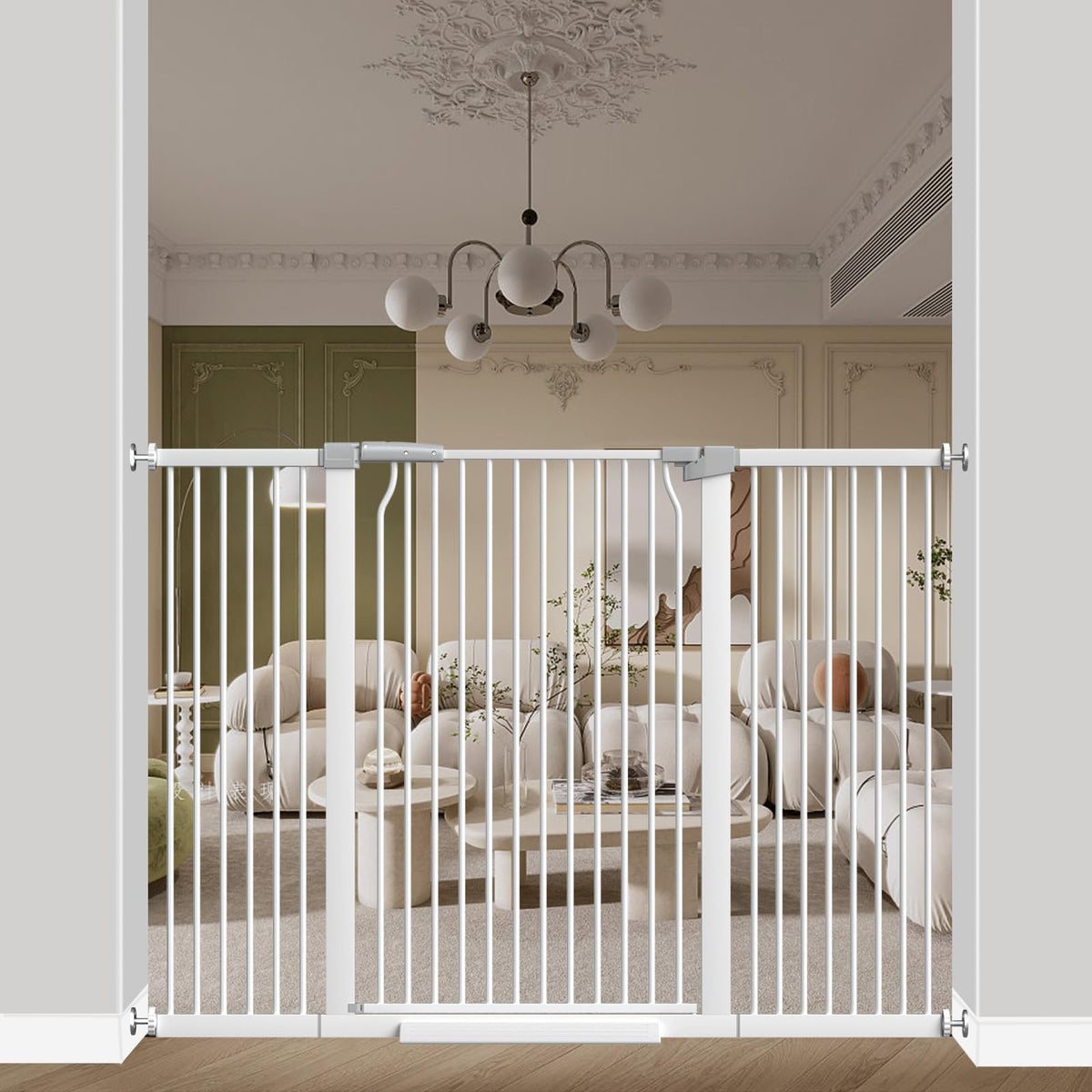 Qonimm 40.55-inch extra tall baby gate for stairs keeps toddlers secure.