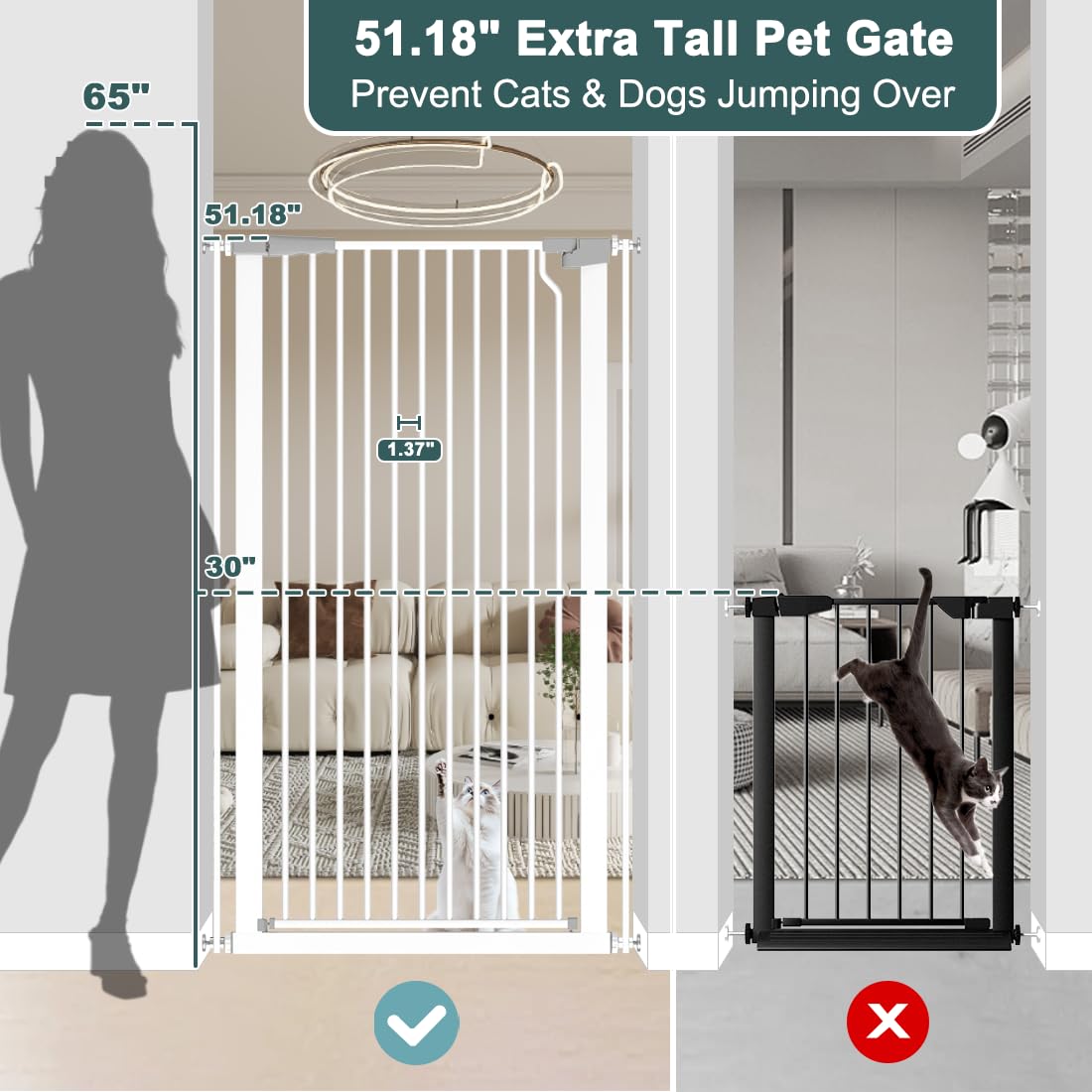 Qonimm 51.18 extra tall gate side profile showing tall height for stairs.