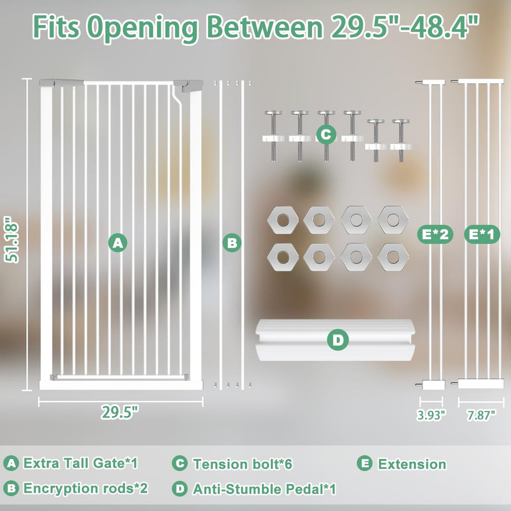 Qonimm 51.18 extra tall gate wide-width adjustment demonstrates versatile doorway fit.