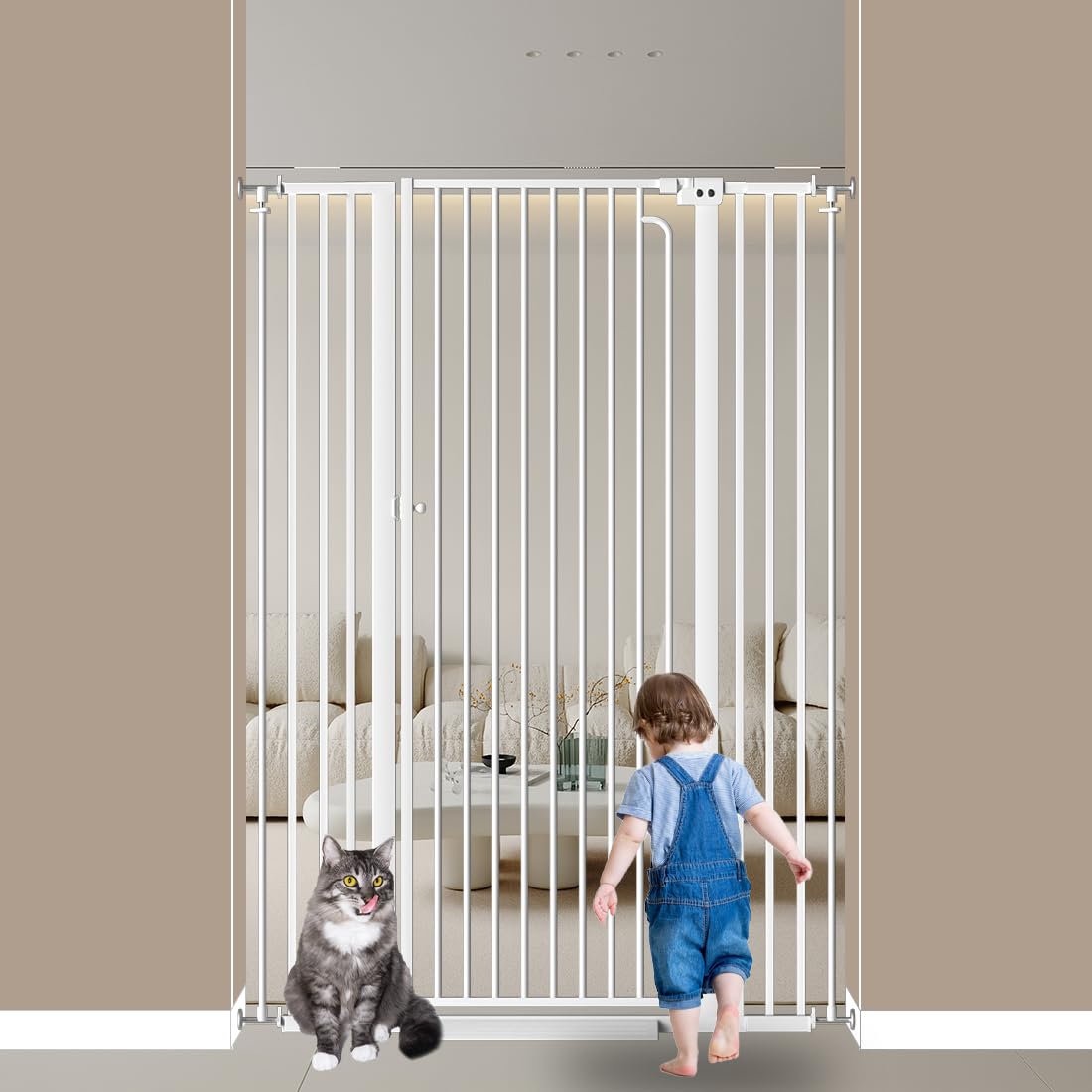 Qonimm 57-inch tall cat gate in doorway blocks pets and kids safely