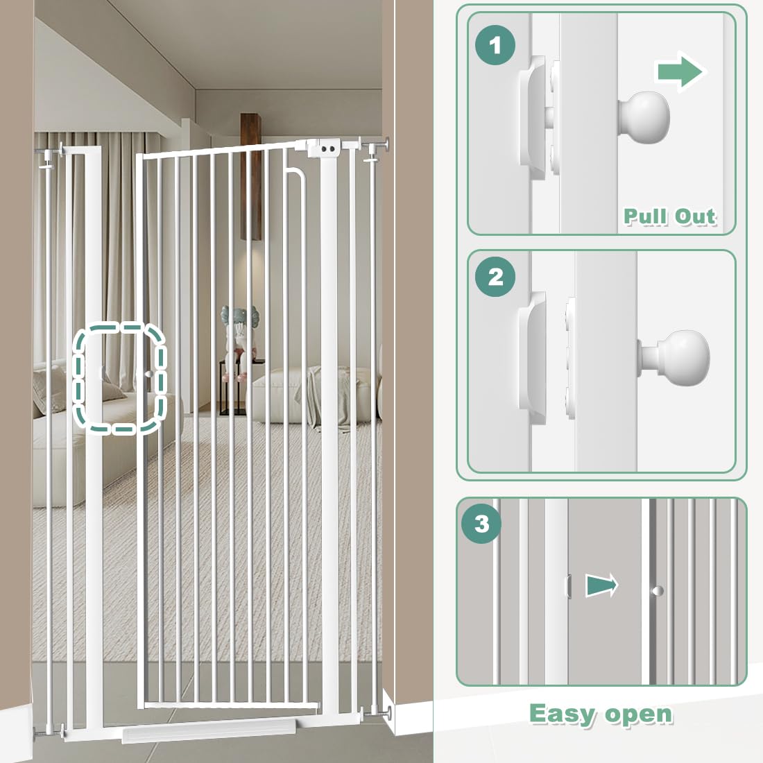 Qonimm 57 inch gate self-closing keeps passage secure after use.