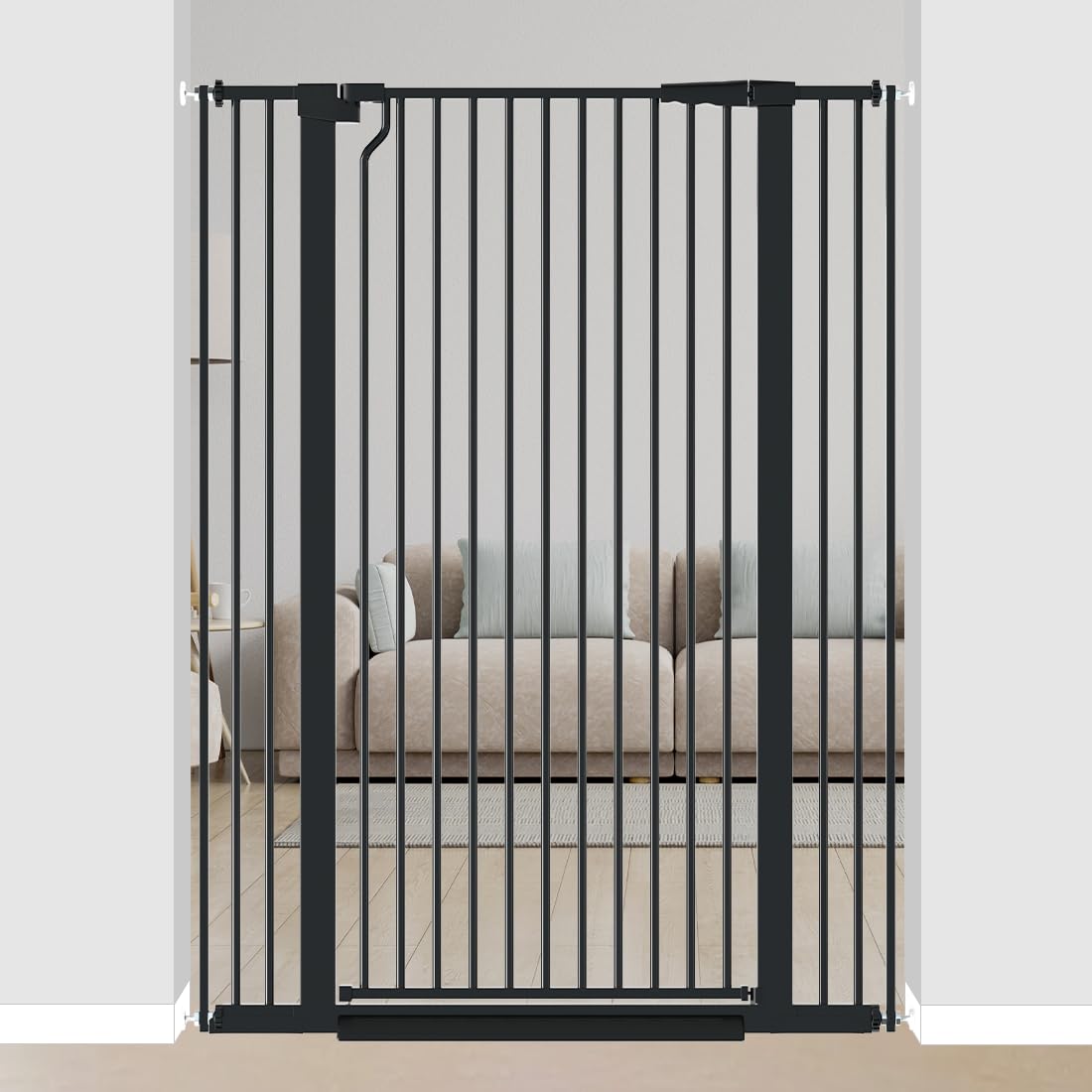 Qonimm extra tall gate assembly securing doorway for tall pets.