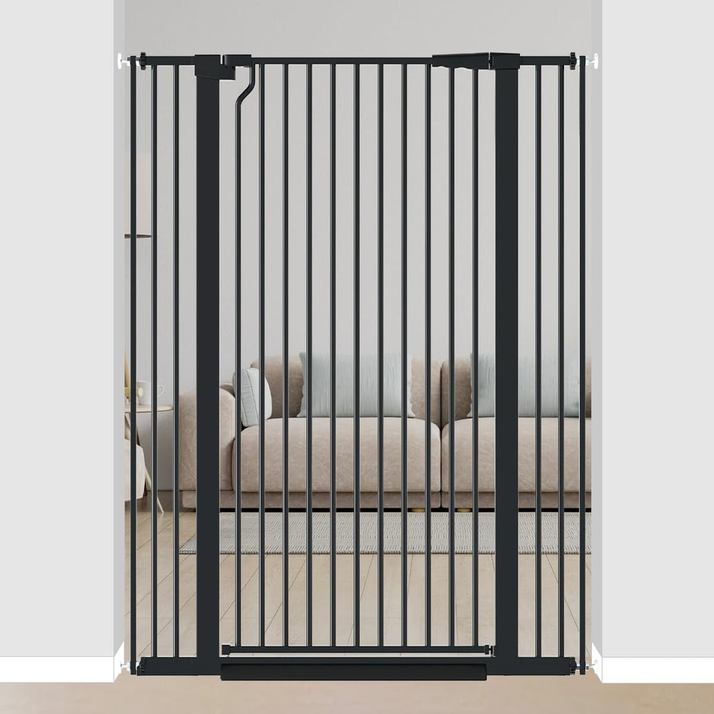 Qonimm extra tall gate assembly securing doorway for tall pets.