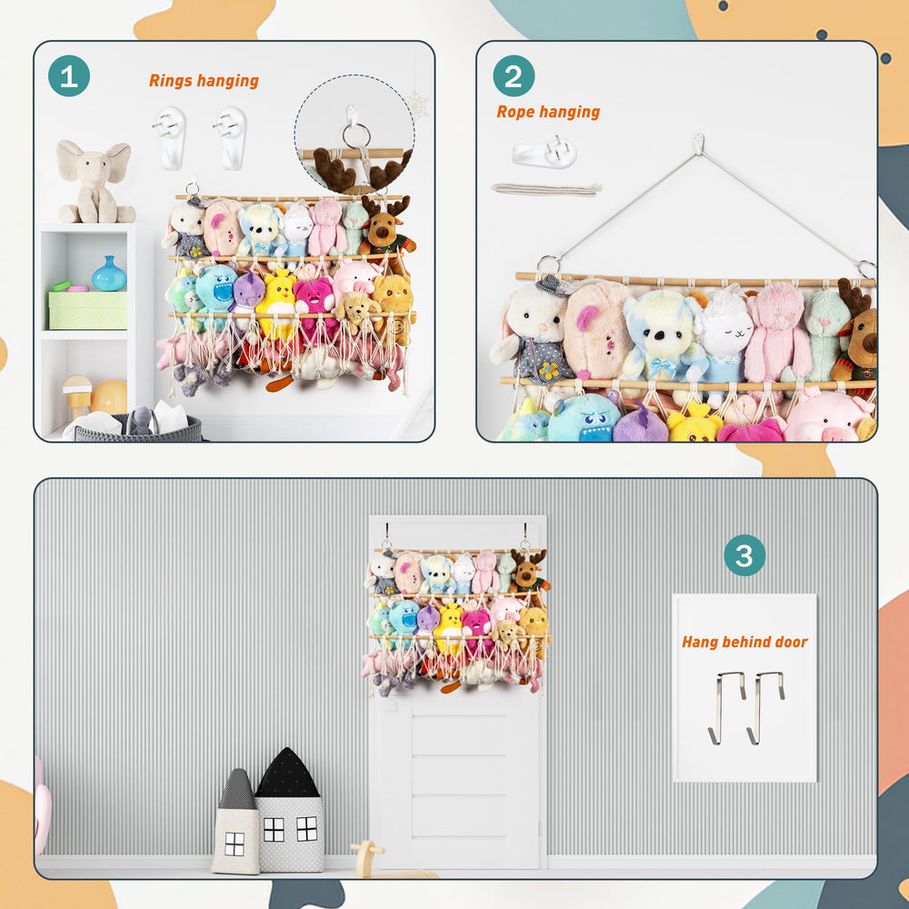 Qoroos multiuse storage hammock stores books towels and plush toys neatly.