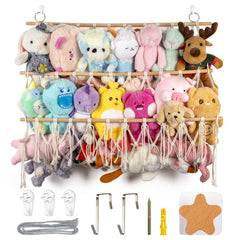 Qoroos stuffed animal hammock wall-hanging showcases space-saving organization.