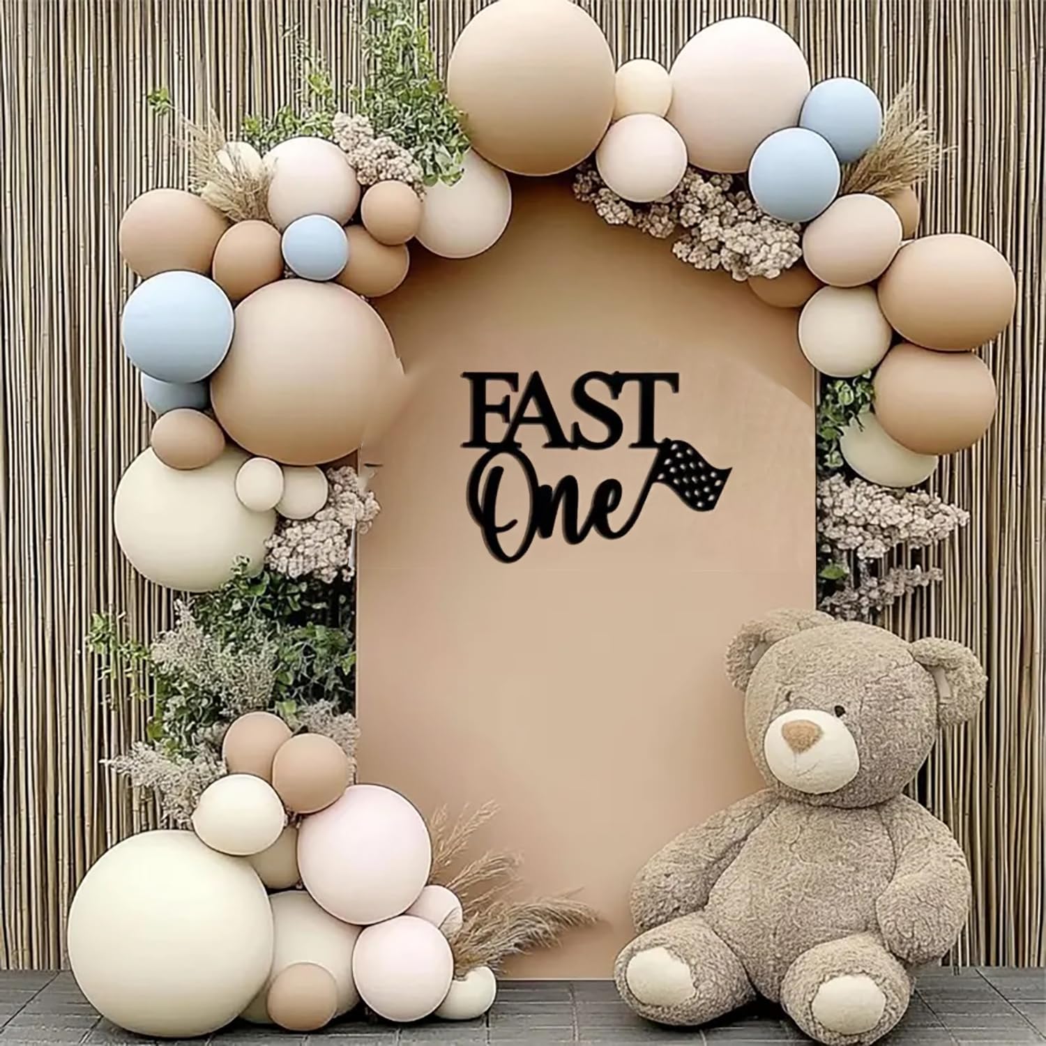 QPARTYFIRE 1st birthday decor setup provides a versatile race-themed focal point