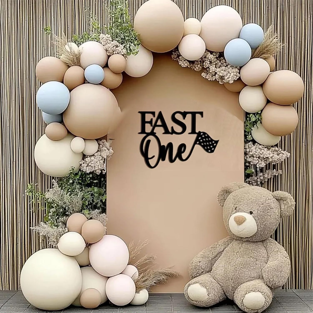 QPARTYFIRE 1st birthday decor setup provides a versatile race-themed focal point