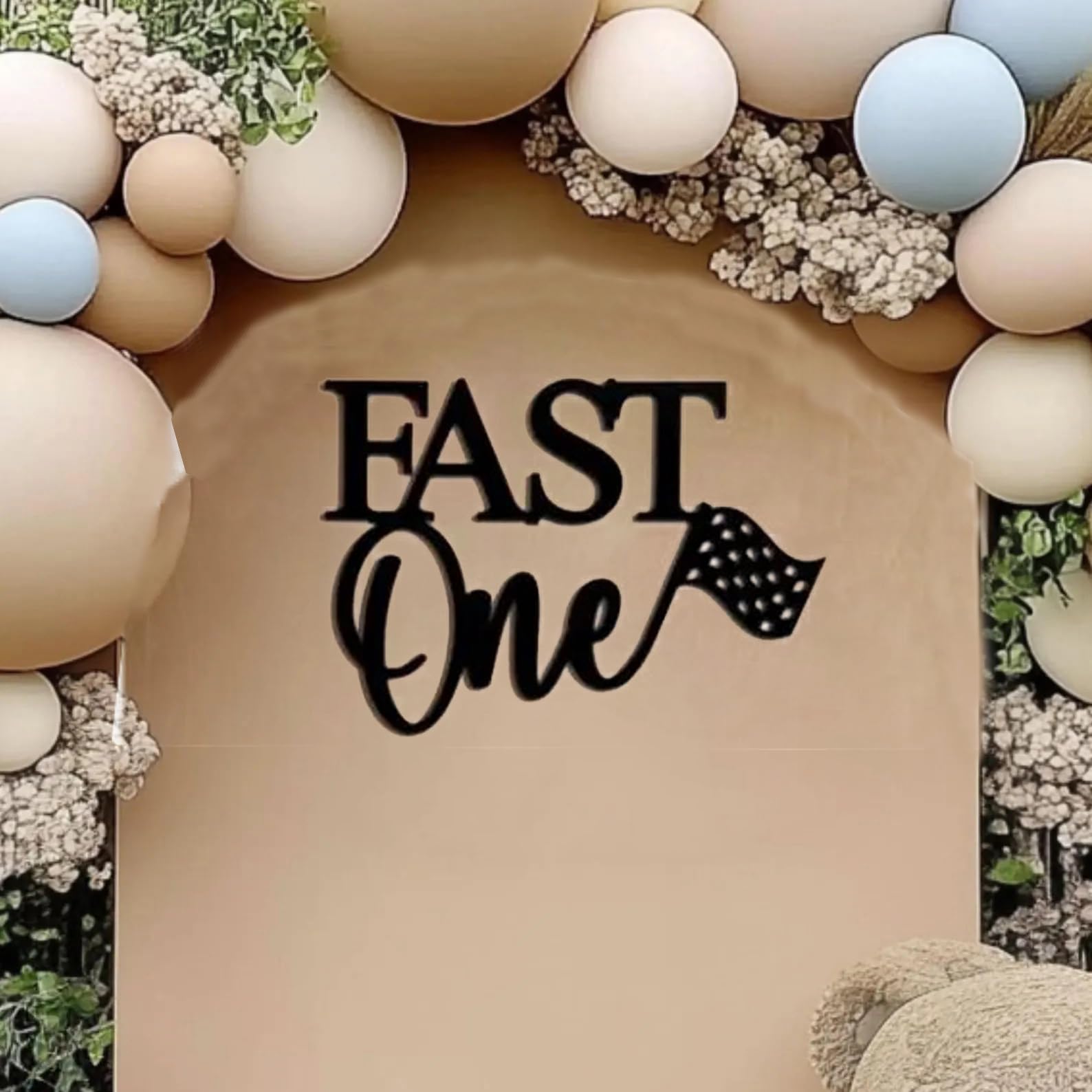 QPARTYFIRE Fast One Sign backdrop for a racing-themed party photo wall