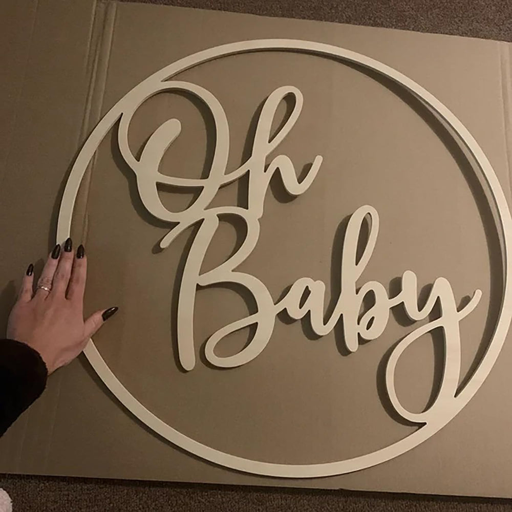 QPARTYFIRE Oh Baby sign close-up letters ideal for photo backdrop.