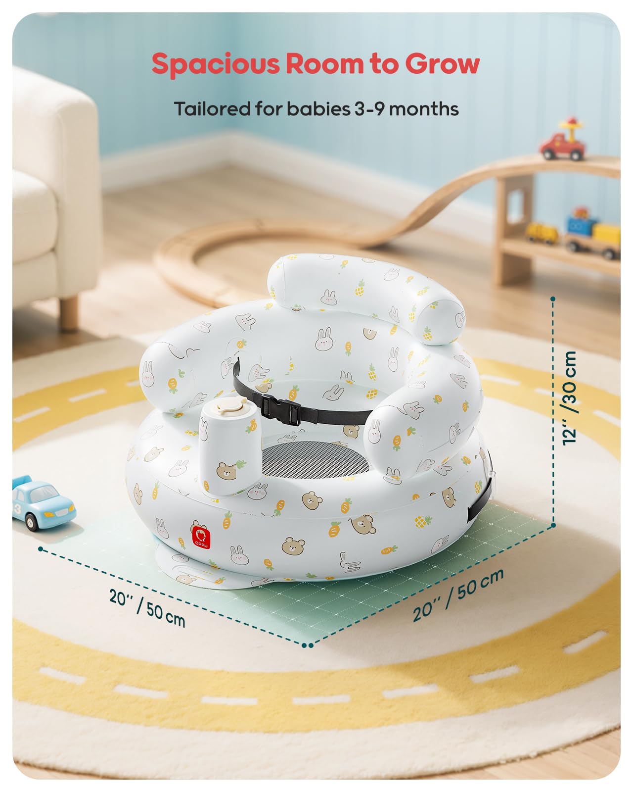 QPAU breathable mesh seat keeps baby cool during playtime.