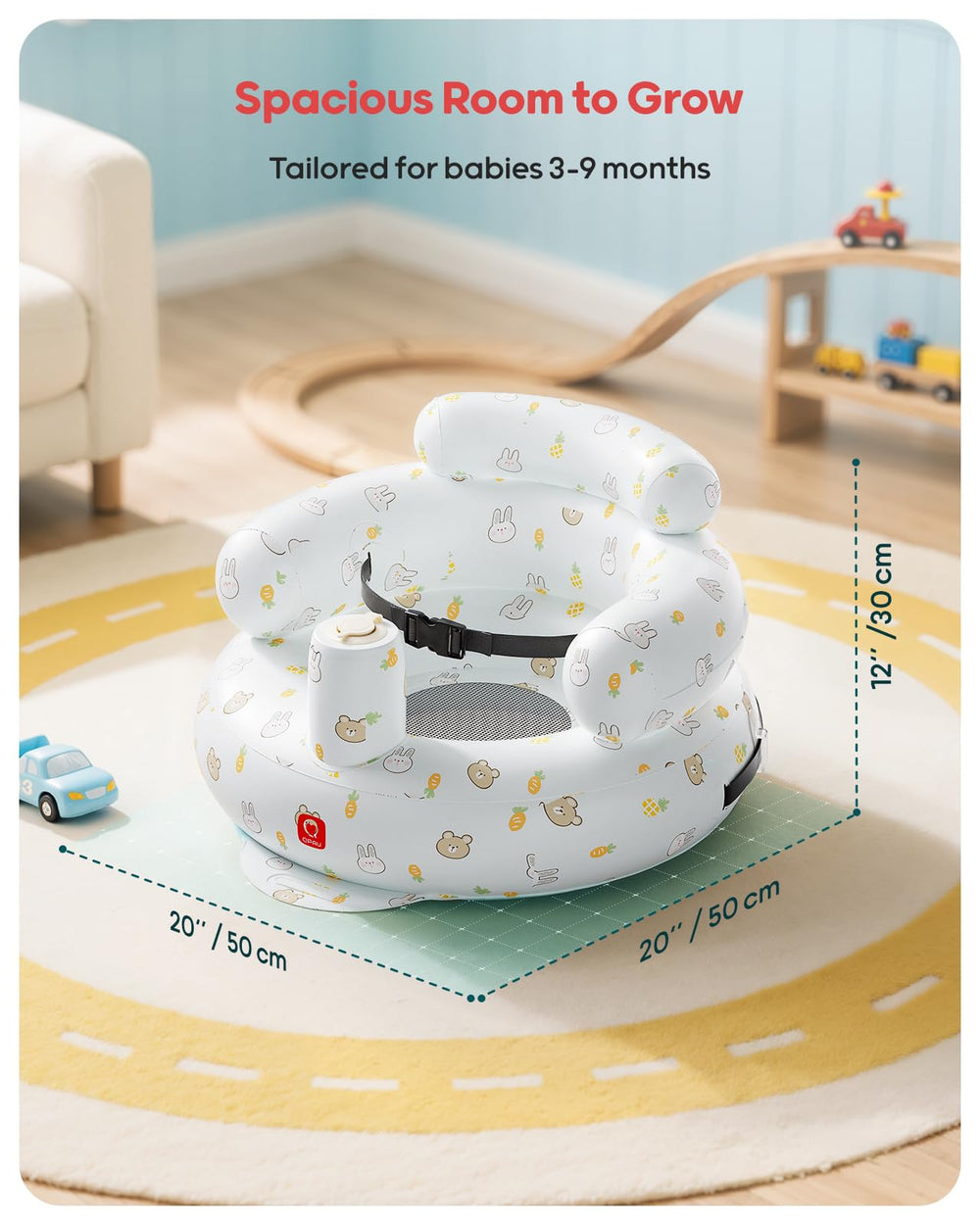 QPAU breathable mesh seat keeps baby cool during playtime.