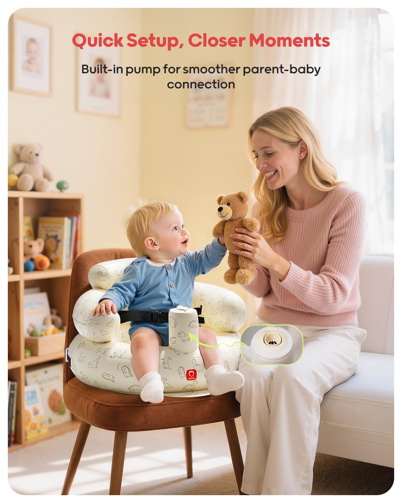 QPAU built-in pump aids fast inflation for busy parents.