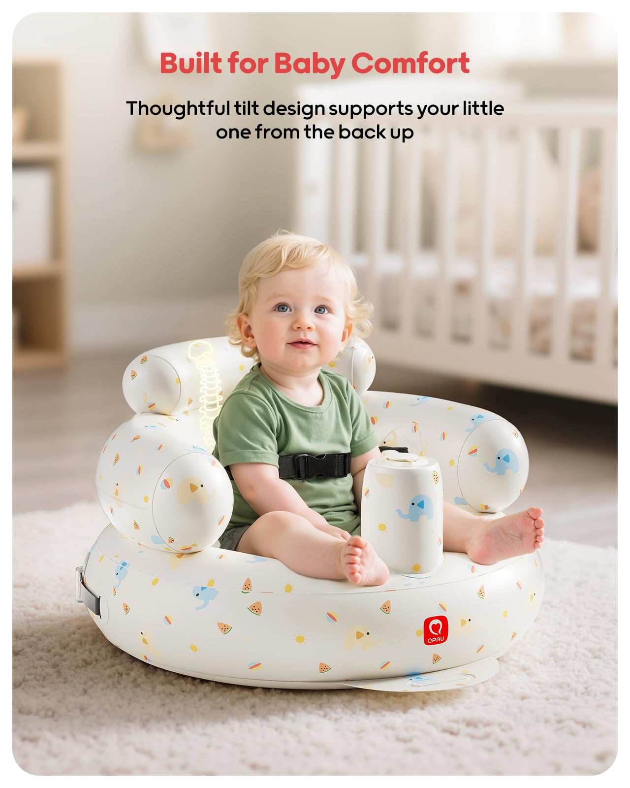 QPAU Elephant ergonomic backrest provides comfortable support for feeding and playtime.