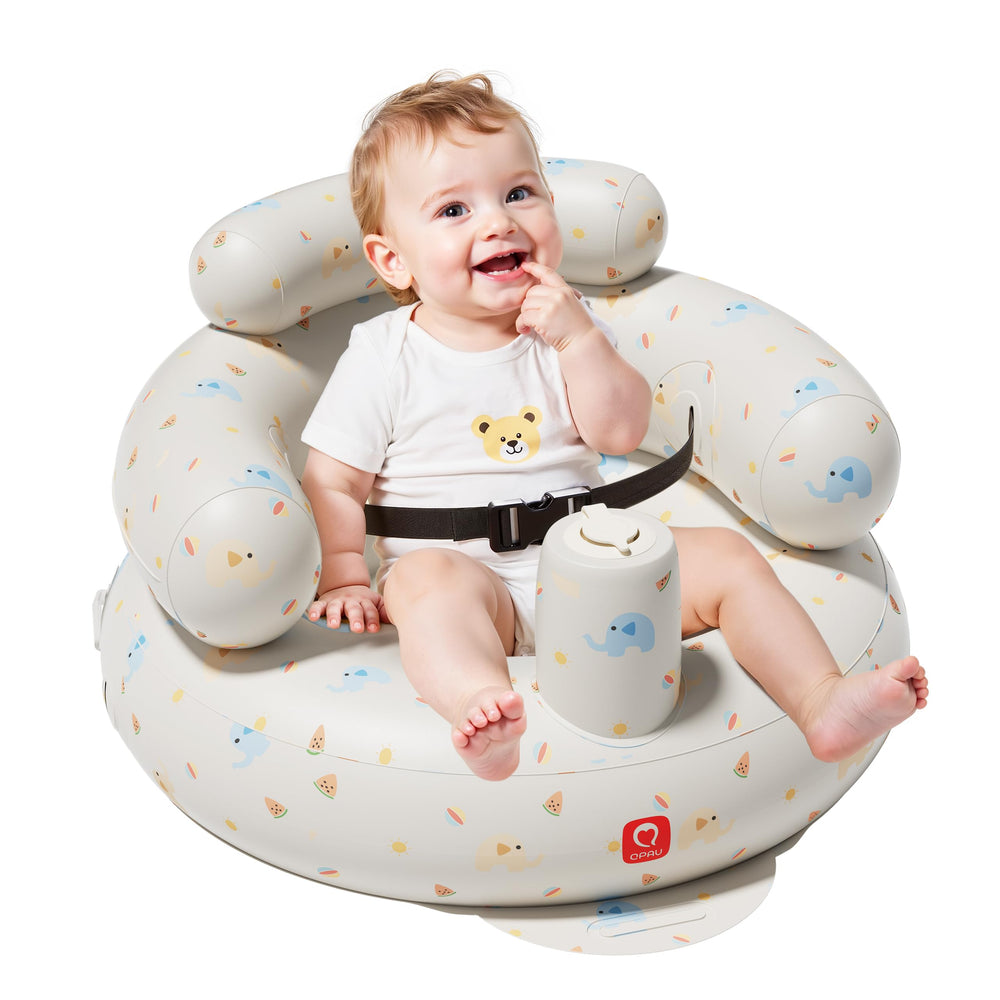 QPAU Elephant inflatable baby seat with built-in pump for quick inflation and portability.