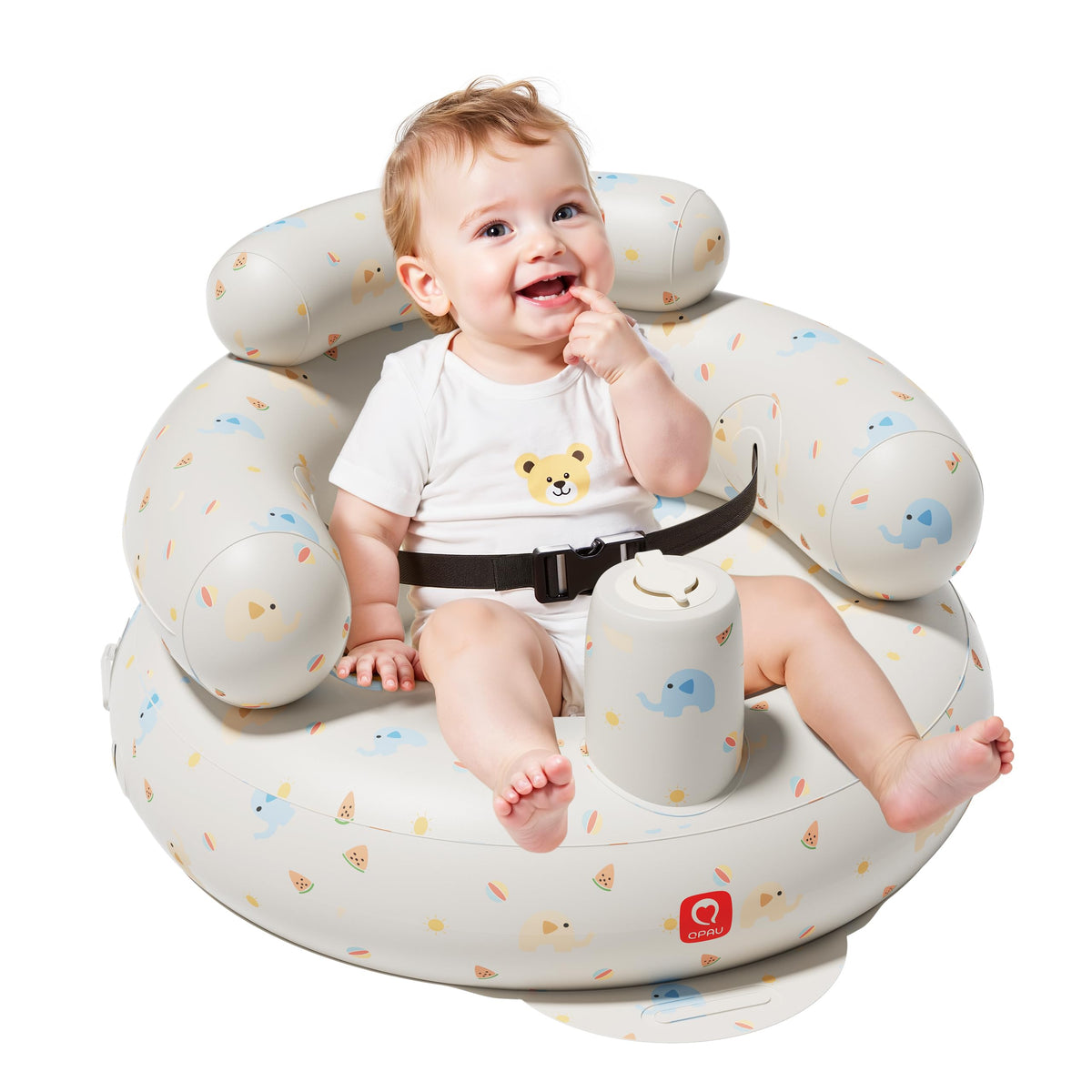 QPAU Elephant inflatable baby seat with built-in pump for quick inflation and portability.