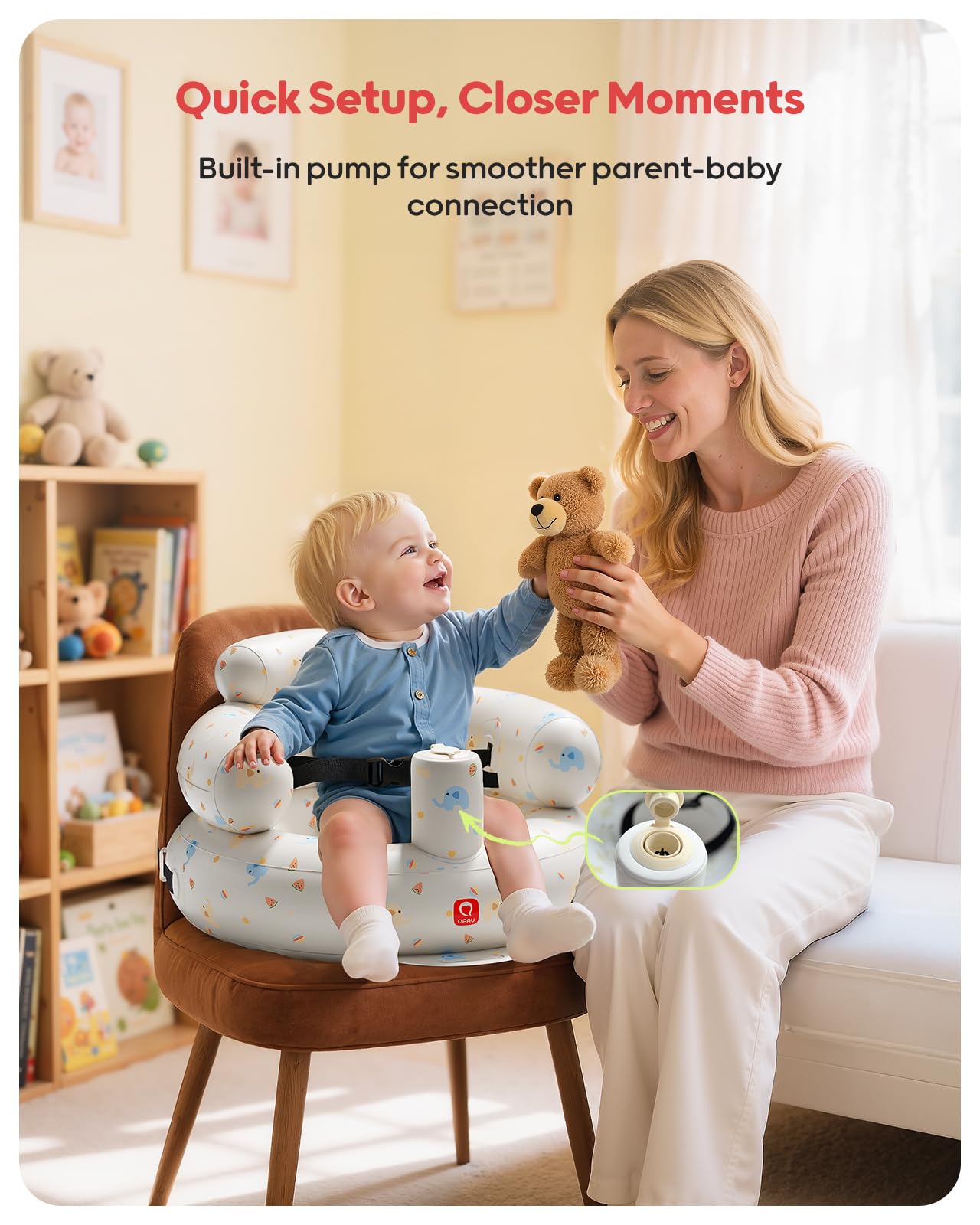 QPAU Elephant inflatable seat with safety harness keeps baby secure during meals.