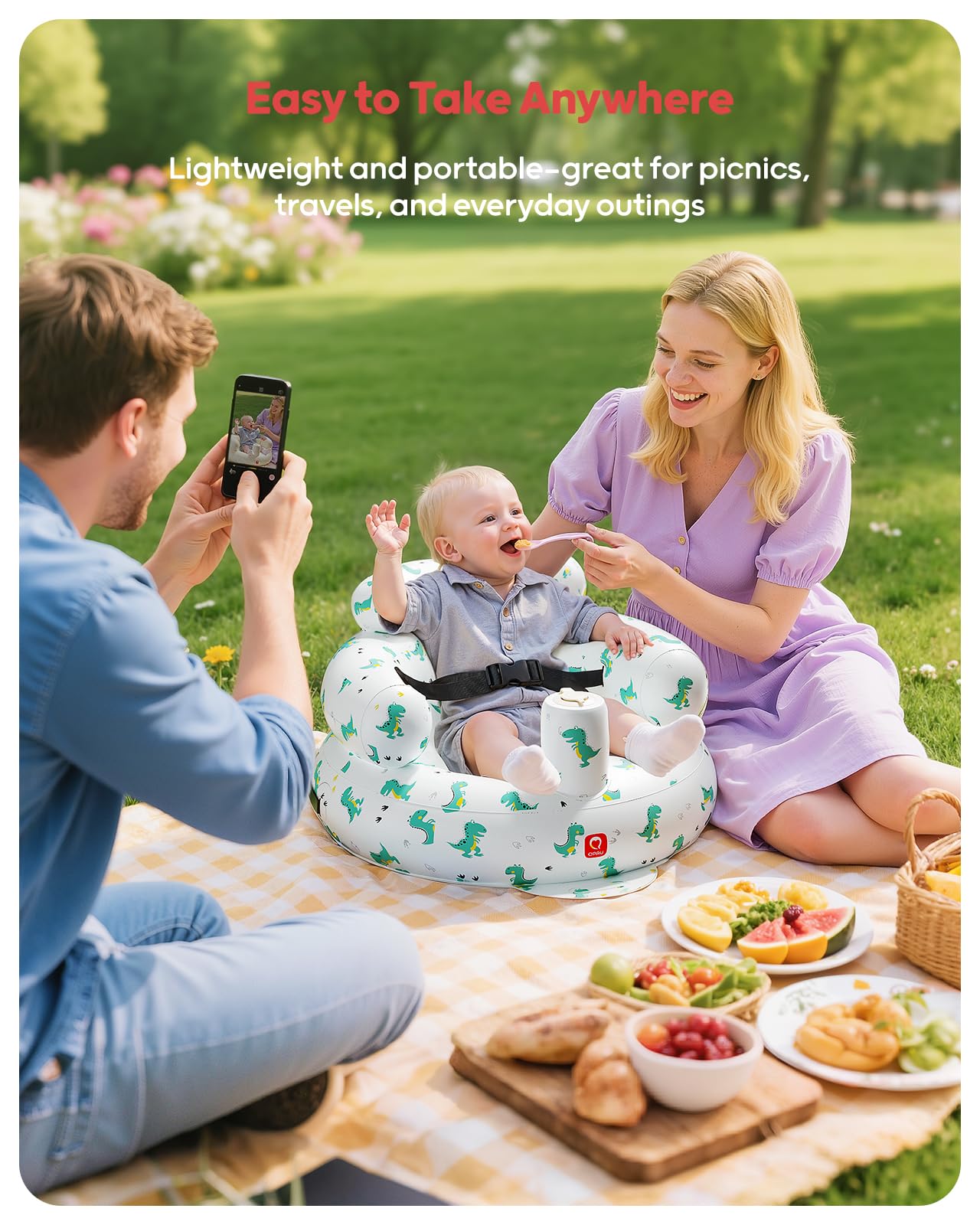 QPAU inflatable baby seat during baby feeding with dinosaur pattern