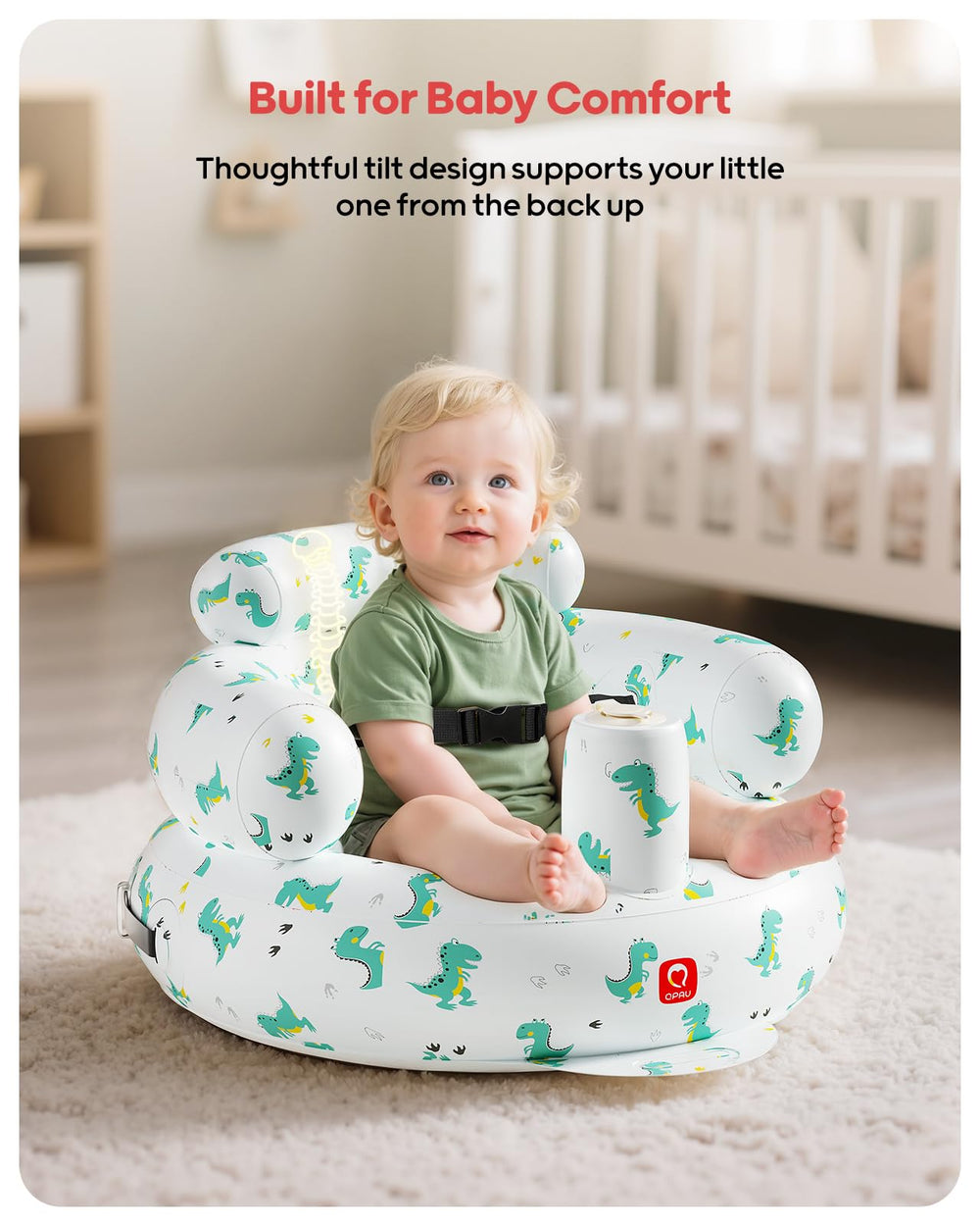 QPAU inflatable baby seat with safety harness secured to a chair for stability