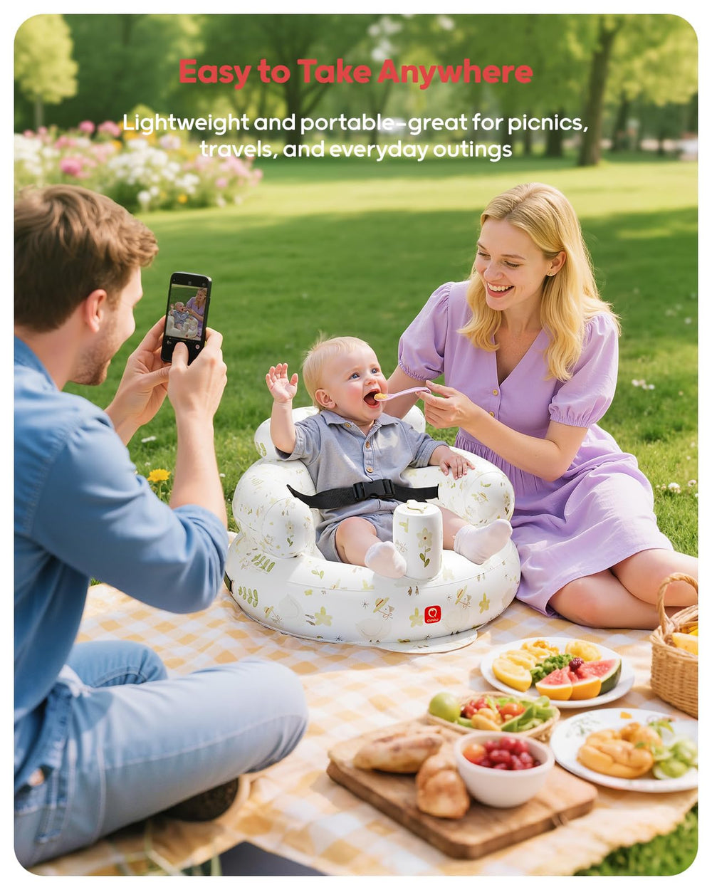 QPAU inflatable seat shows safety harness securing the baby.