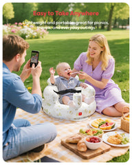 QPAU inflatable seat shows safety harness securing the baby.