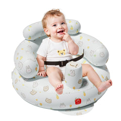 QPAU inflatable baby seat setup demonstrates quick inflation for travel-ready feeding.