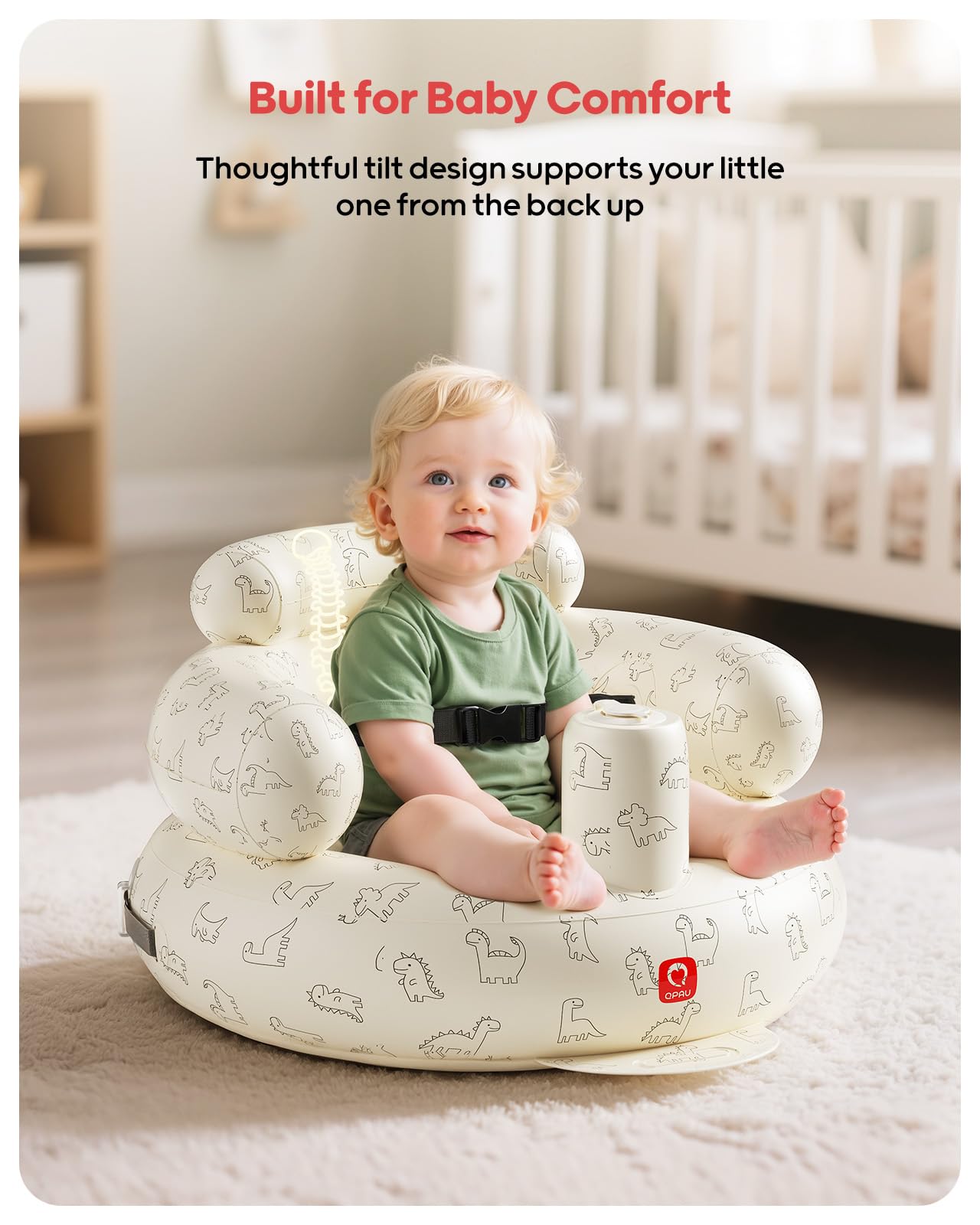 QPAU inflatable seat with ergonomic backrest supports comfortable sitting.