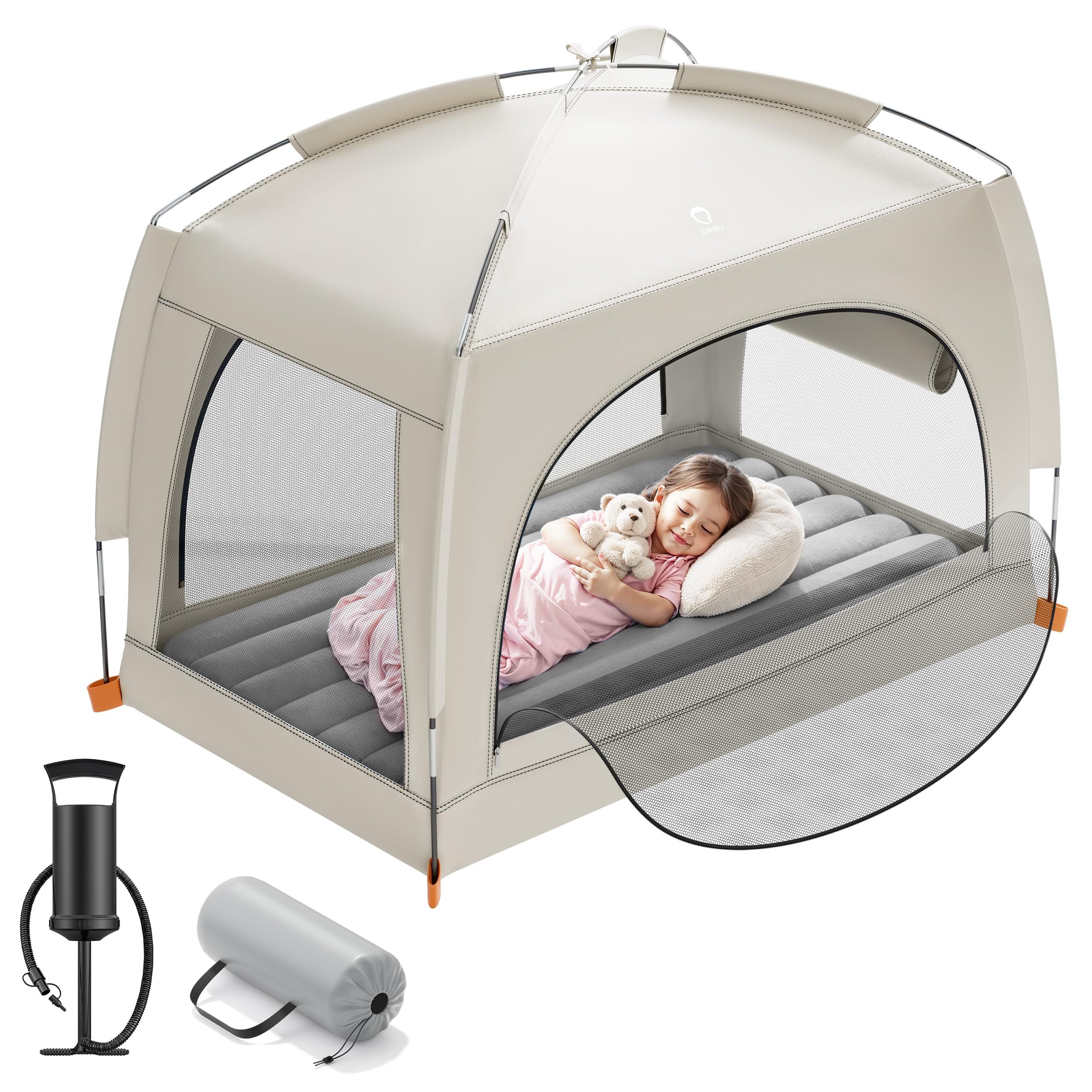 QPAU inflatable toddler bed tent close-up shows soft flocked top for cozy sleep.