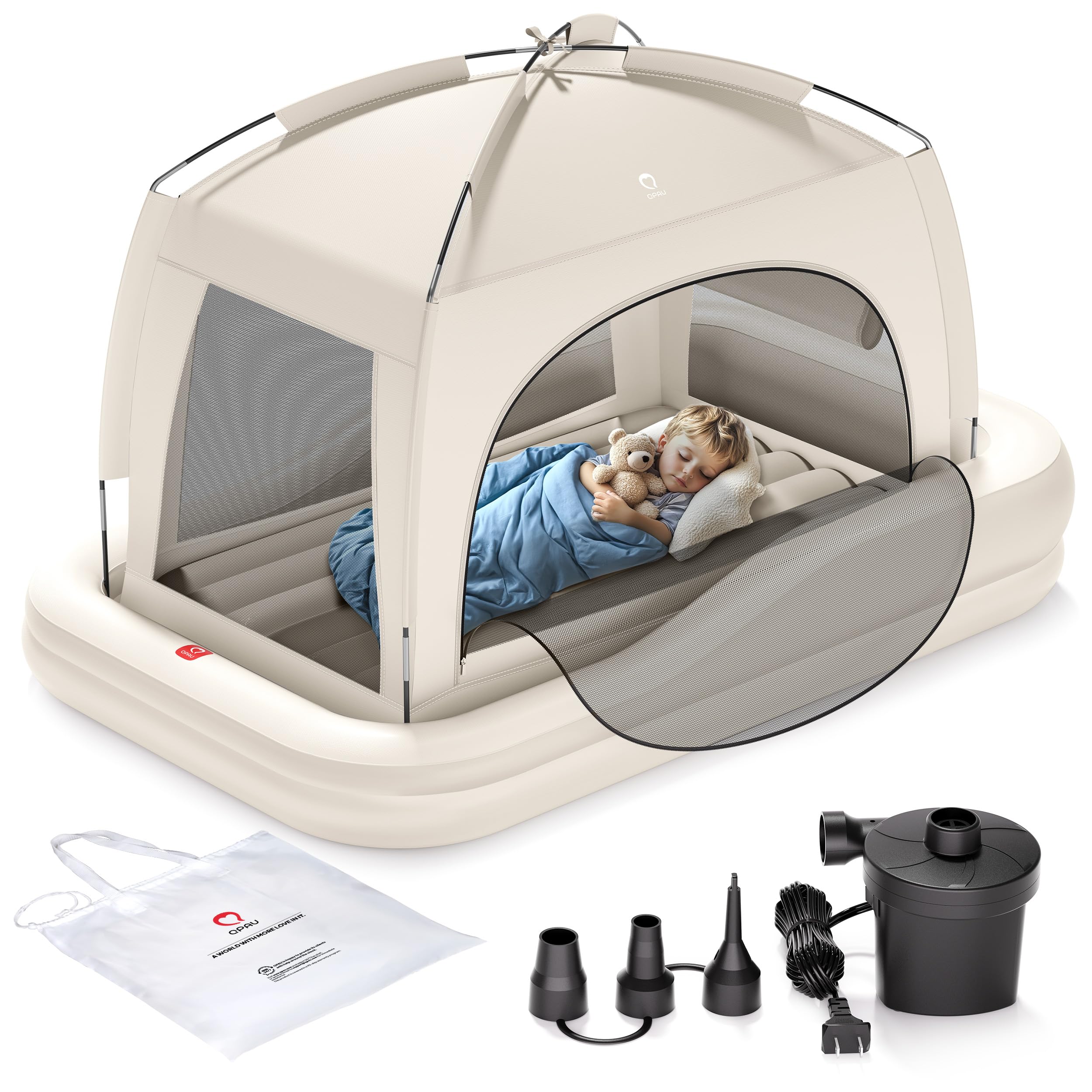 QPAU inflatable toddler bed with tent front view shows travel-ready setup.